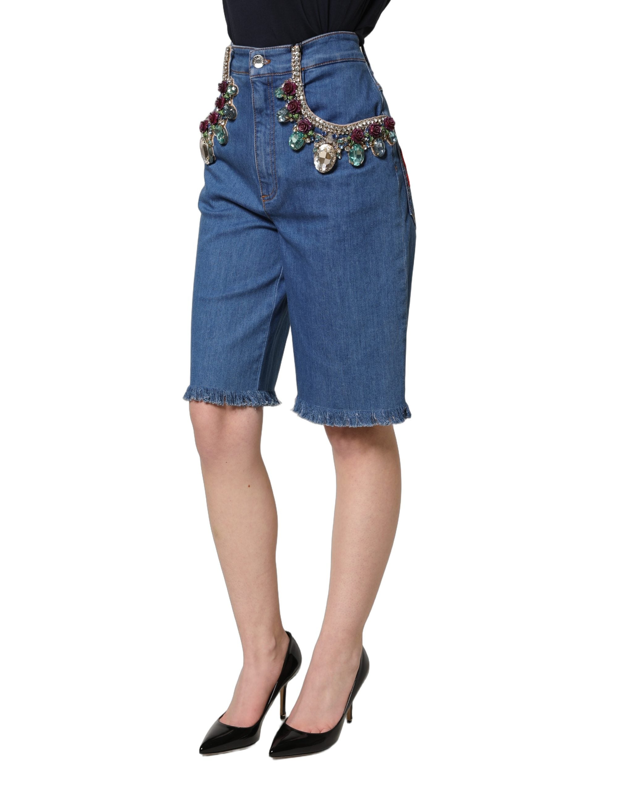 Dolce & Gabbana Blue Cotton Embellished BermudaDenim Shorts