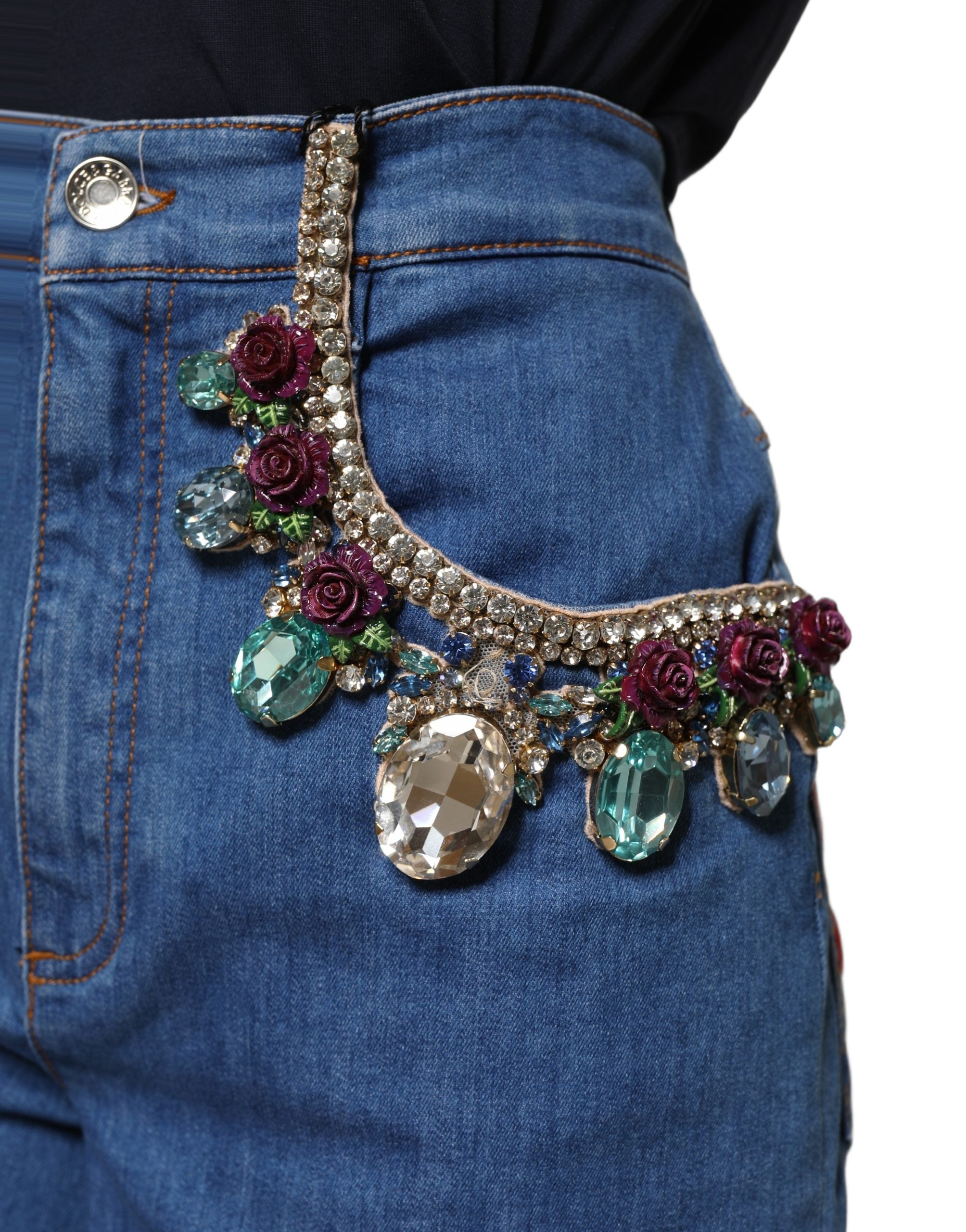 Dolce & Gabbana Blue Cotton Embellished BermudaDenim Shorts