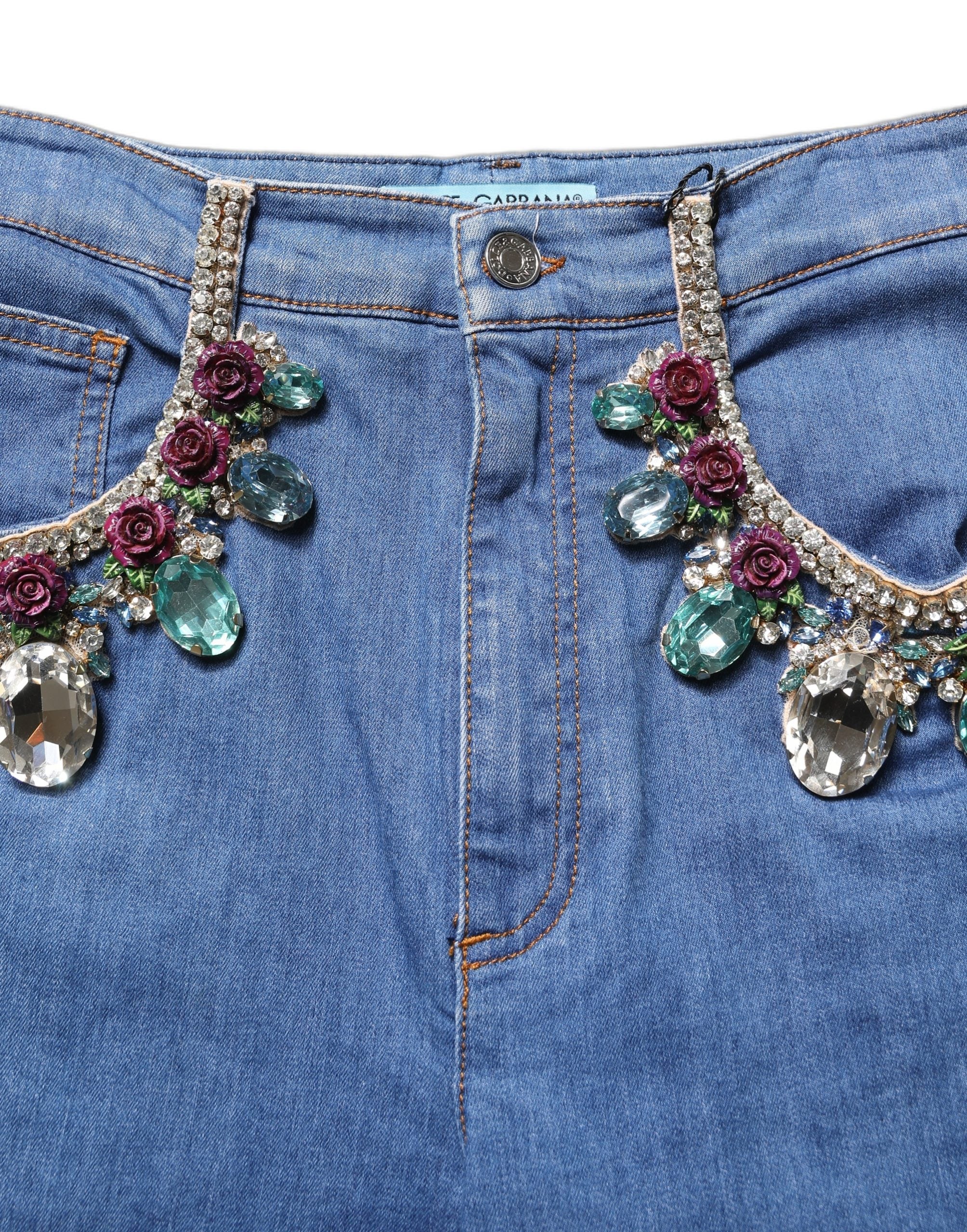Dolce & Gabbana Blue Cotton Embellished BermudaDenim Shorts