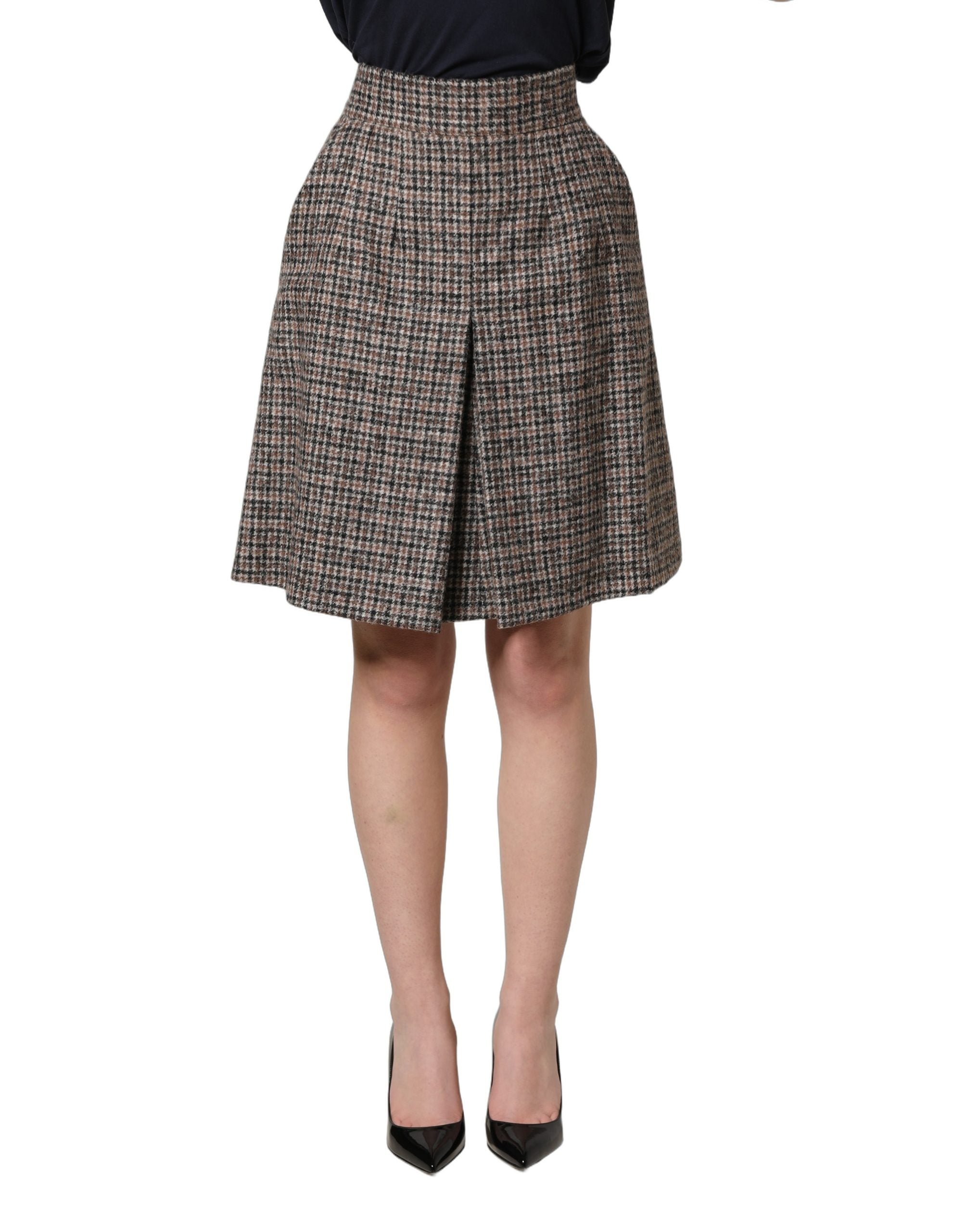 Dolce & Gabbana Brown Tweed Kick Pleat High Waist Mini Skirt