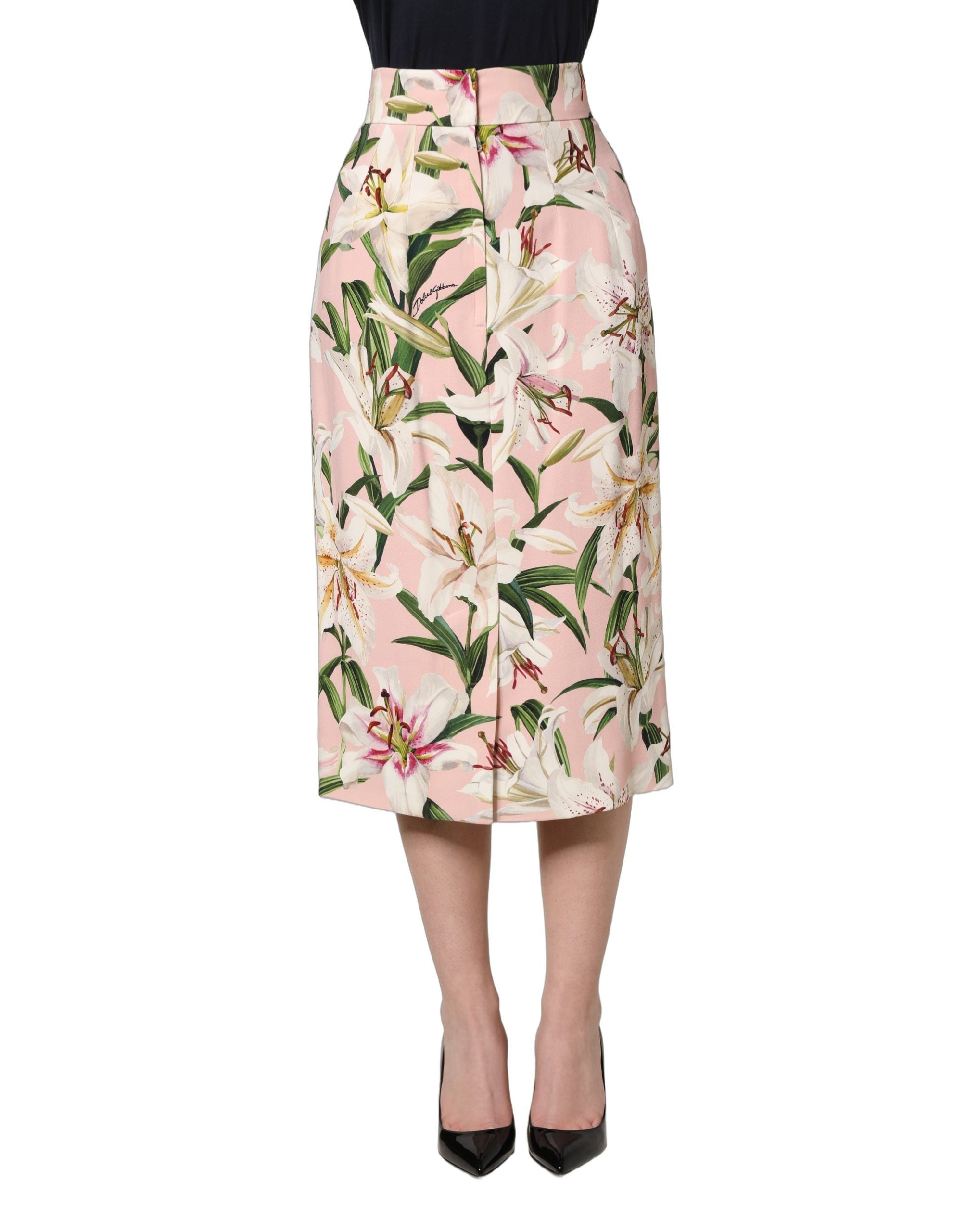 Dolce & Gabbana Pink Lilium Print High Waist Pencil Skirt