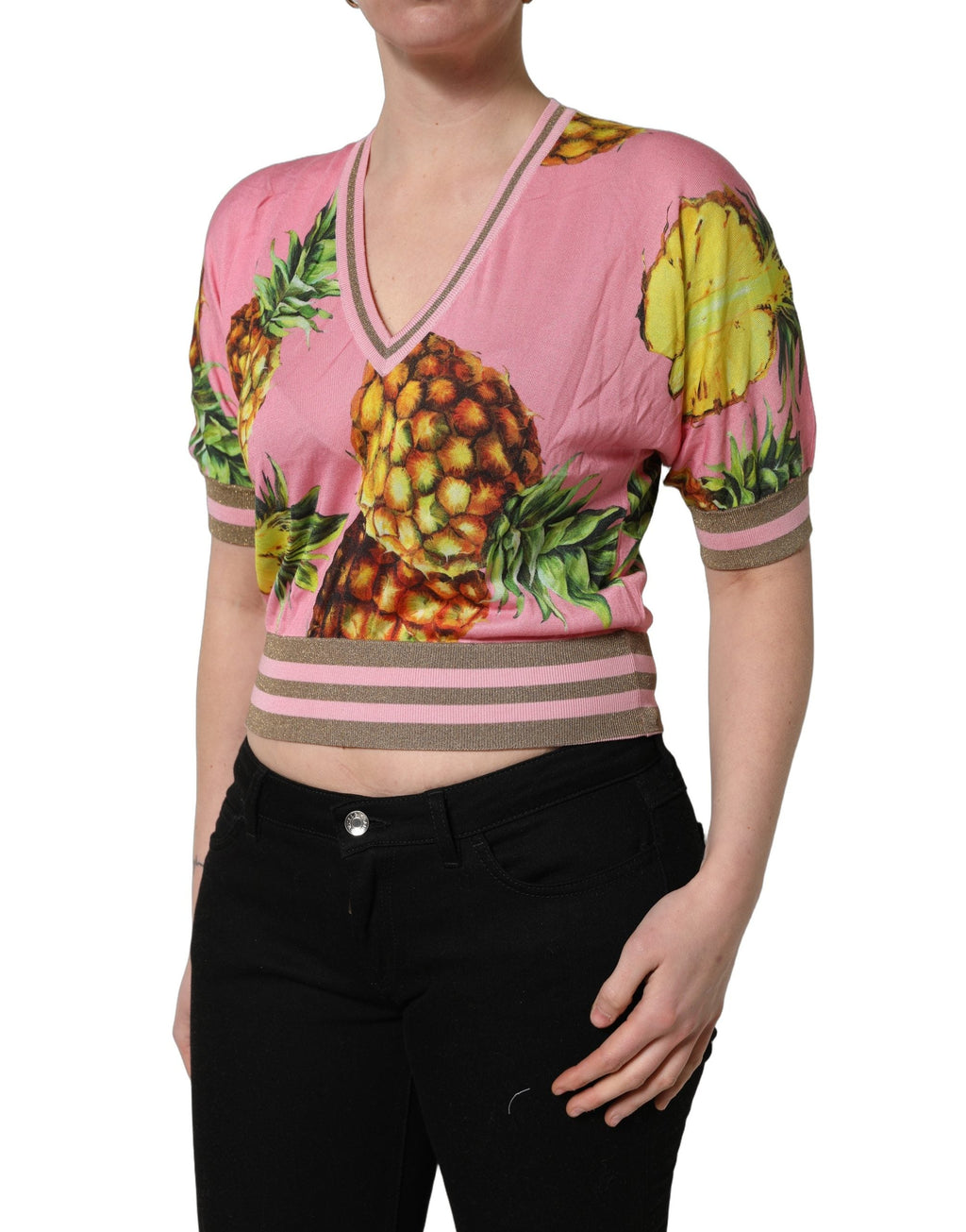 Dolce & Gabbana Pink Pineapple Vneck Short Sleeve Cropped Top