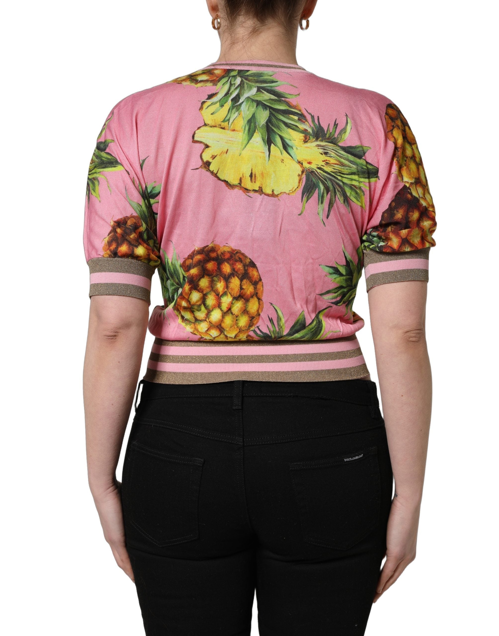 Dolce & Gabbana Pink Pineapple Vneck Short Sleeve Cropped Top