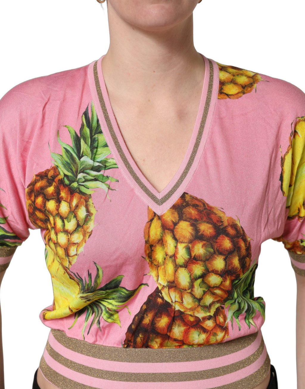 Dolce & Gabbana Pink Pineapple Vneck Short Sleeve Cropped Top