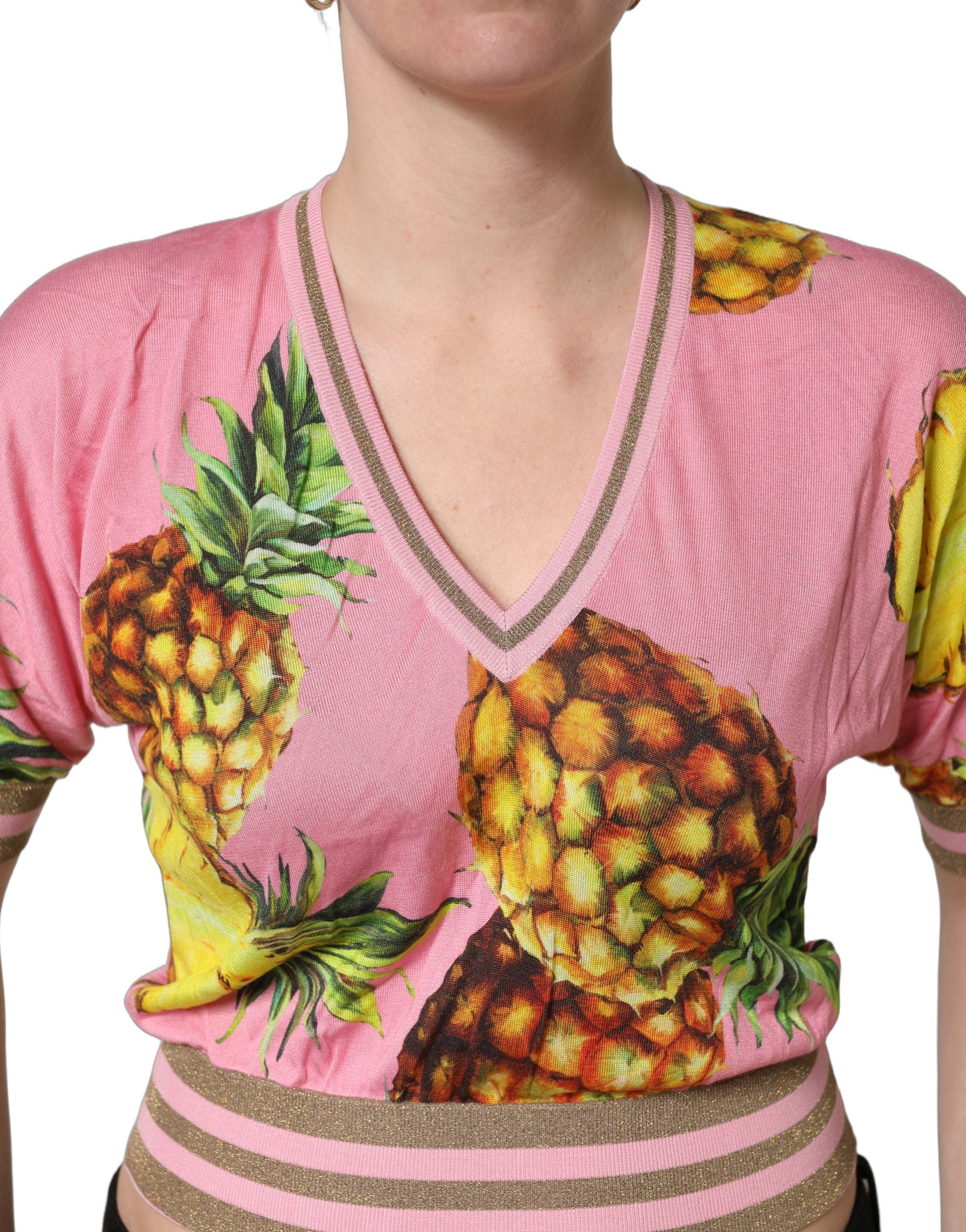 Dolce & Gabbana Pink Pineapple Vneck Short Sleeve Cropped Top