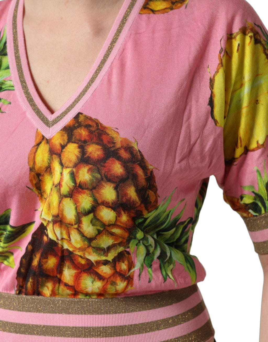 Dolce & Gabbana Pink Pineapple Vneck Short Sleeve Cropped Top
