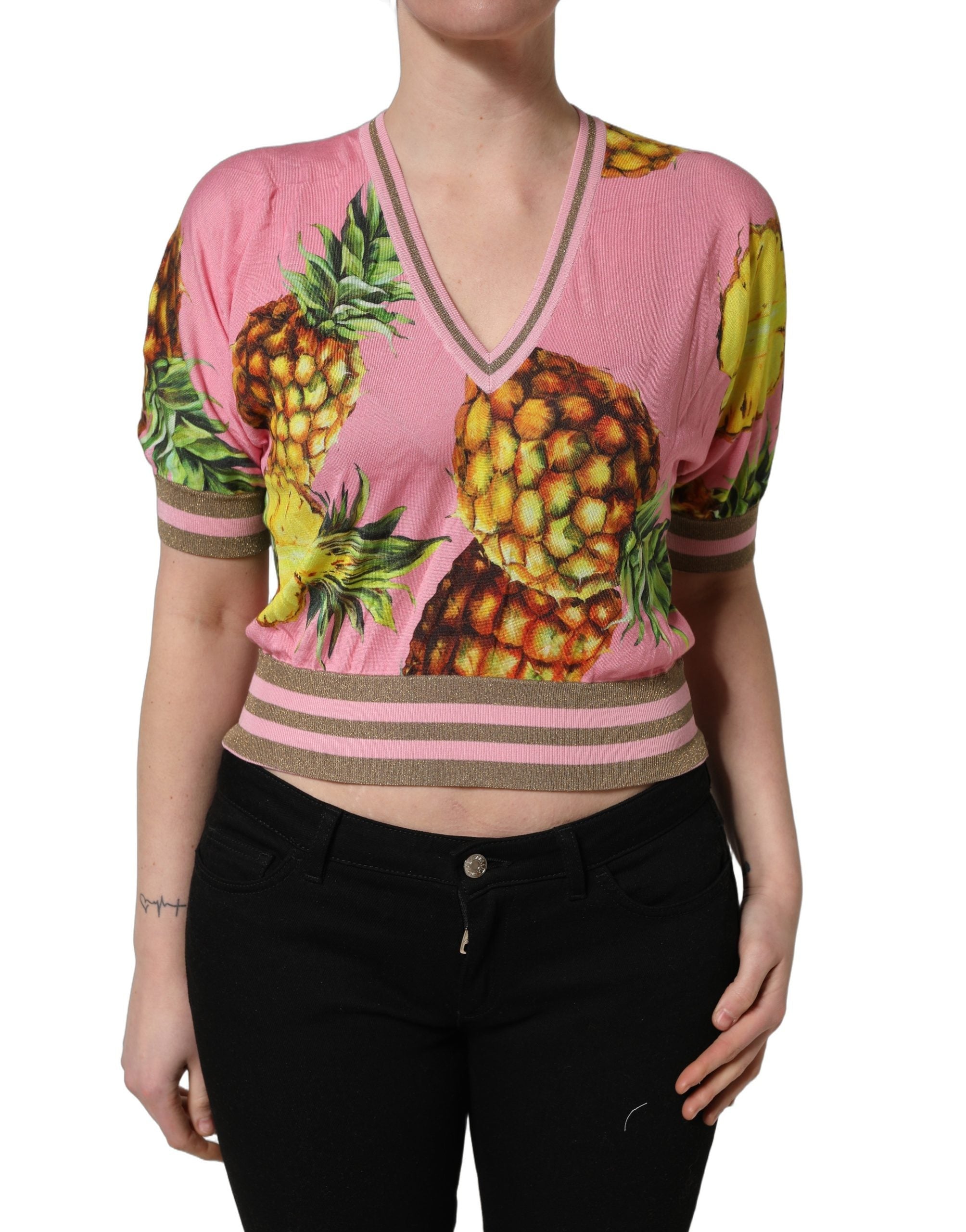 Dolce & Gabbana Pink Pineapple Vneck Short Sleeve Cropped Top