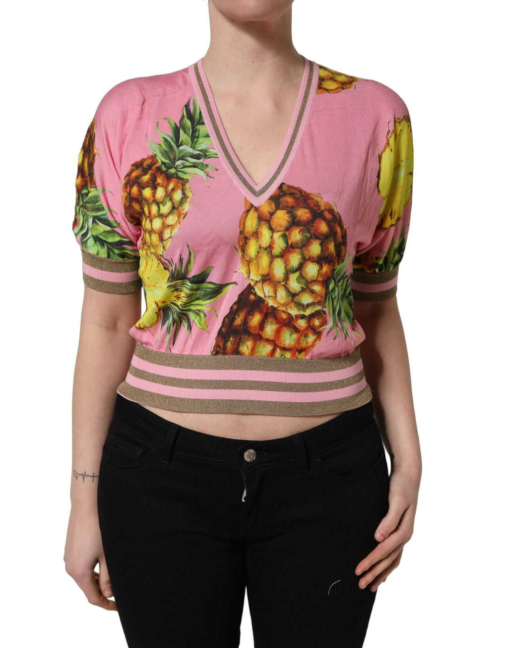 Dolce & Gabbana Pink Pineapple Vneck Short Sleeve Cropped Top