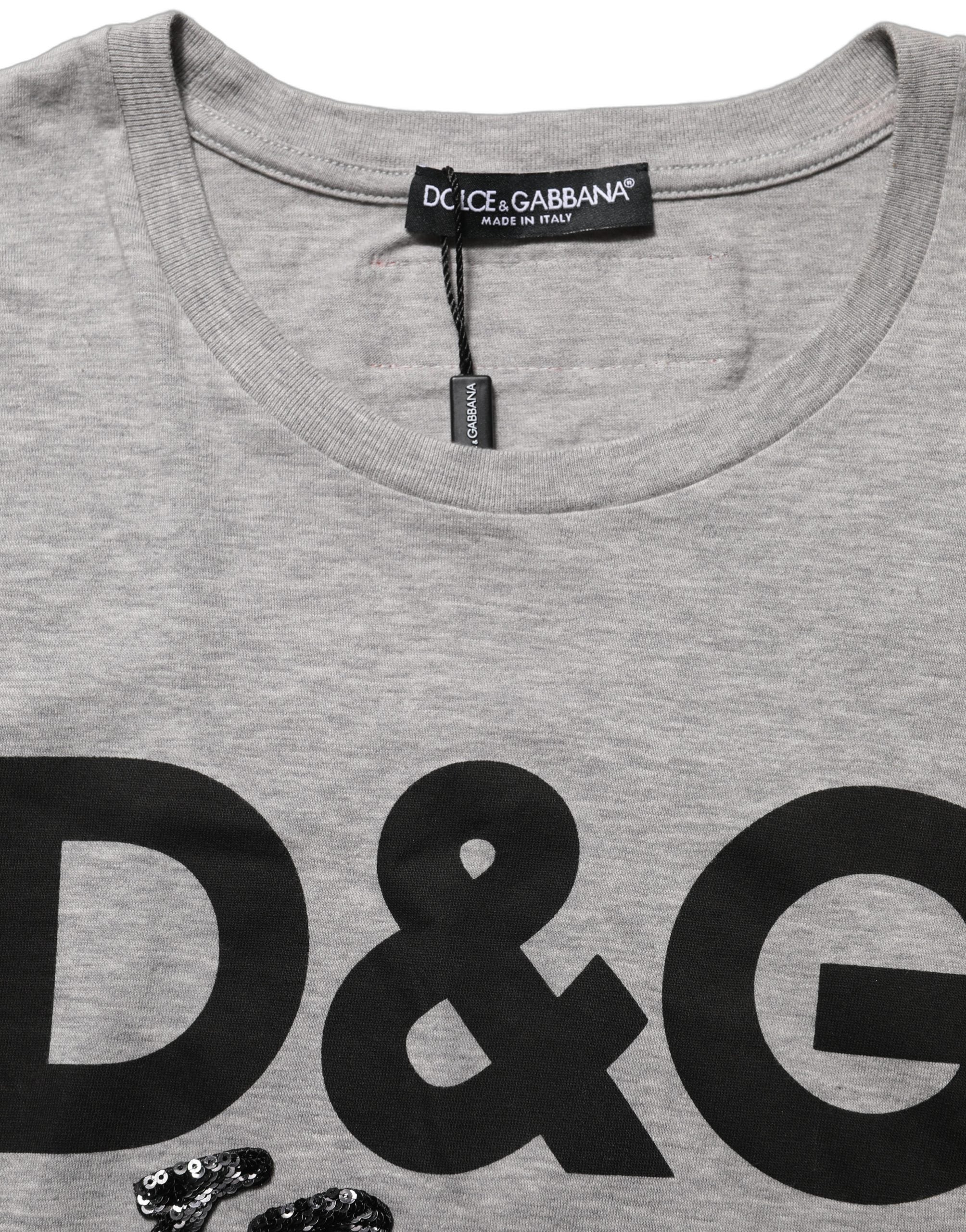 Dolce & Gabbana Gray Cotton Logo Printed Crew Neck T-shirt