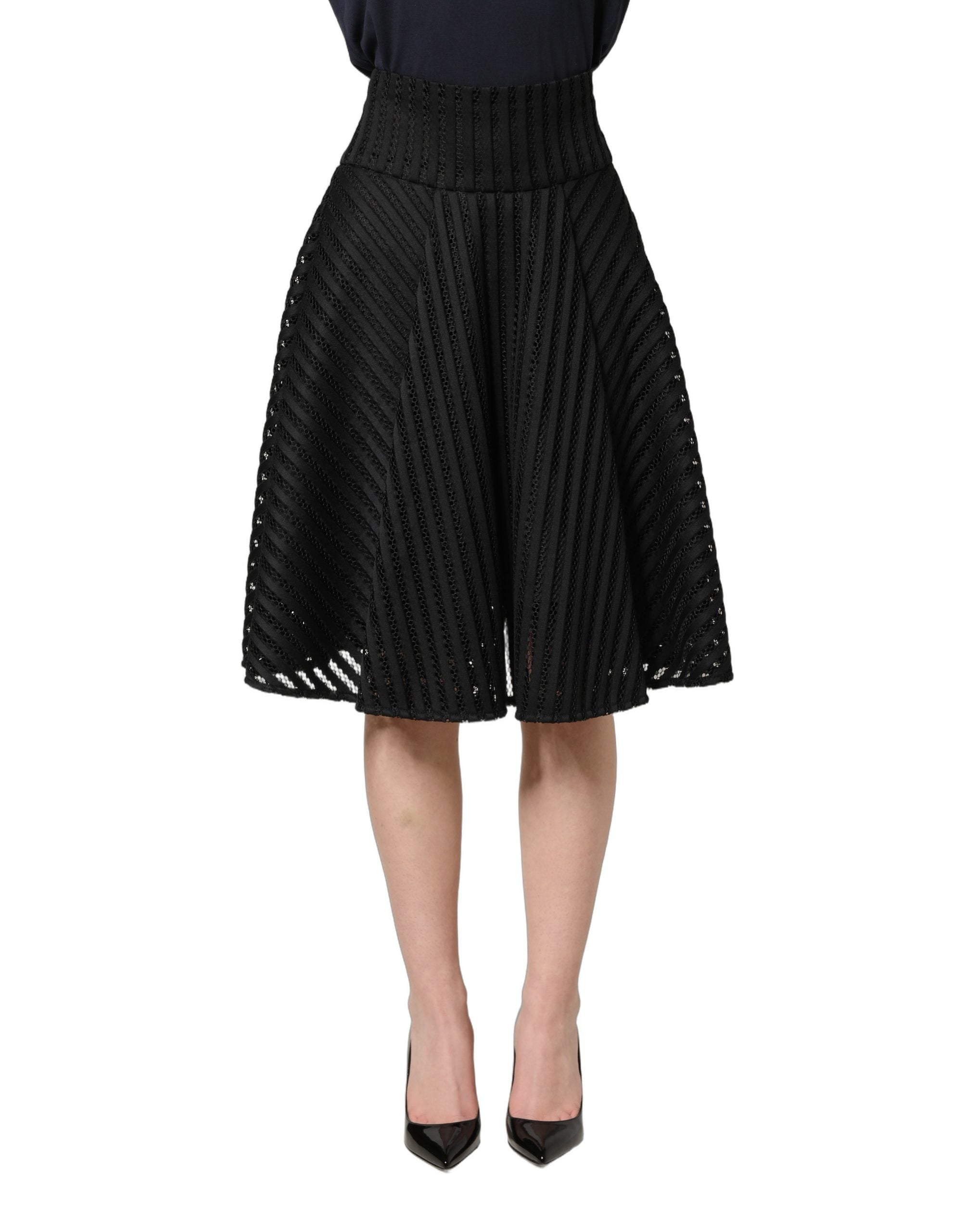 PINKO Cotton Striped Flared Silhouette Aline Midi Black