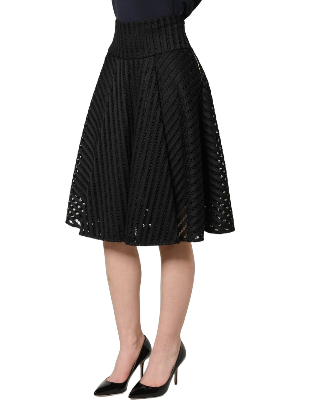 PINKO Cotton Striped Flared Silhouette Aline Midi Black