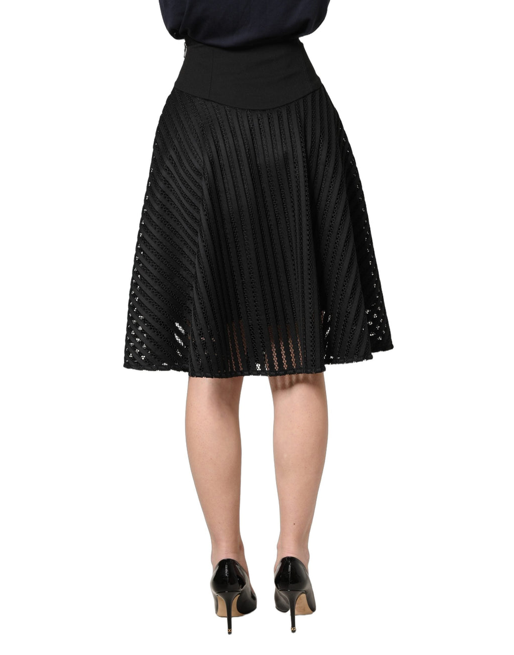 PINKO Cotton Striped Flared Silhouette Aline Midi Black