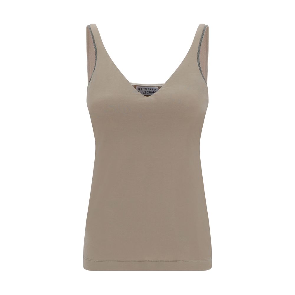 Brunello Cucinelli Beige Cotton Sleeveles T-Shirt