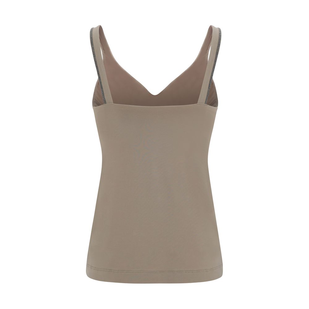 Brunello Cucinelli Beige Cotton Sleeveles T-Shirt
