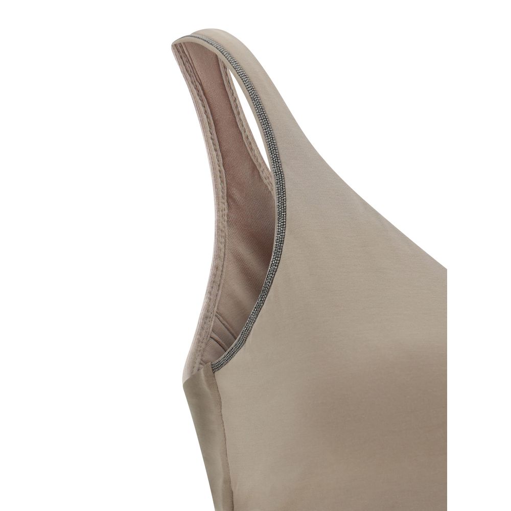 Brunello Cucinelli Beige Cotton Sleeveles T-Shirt