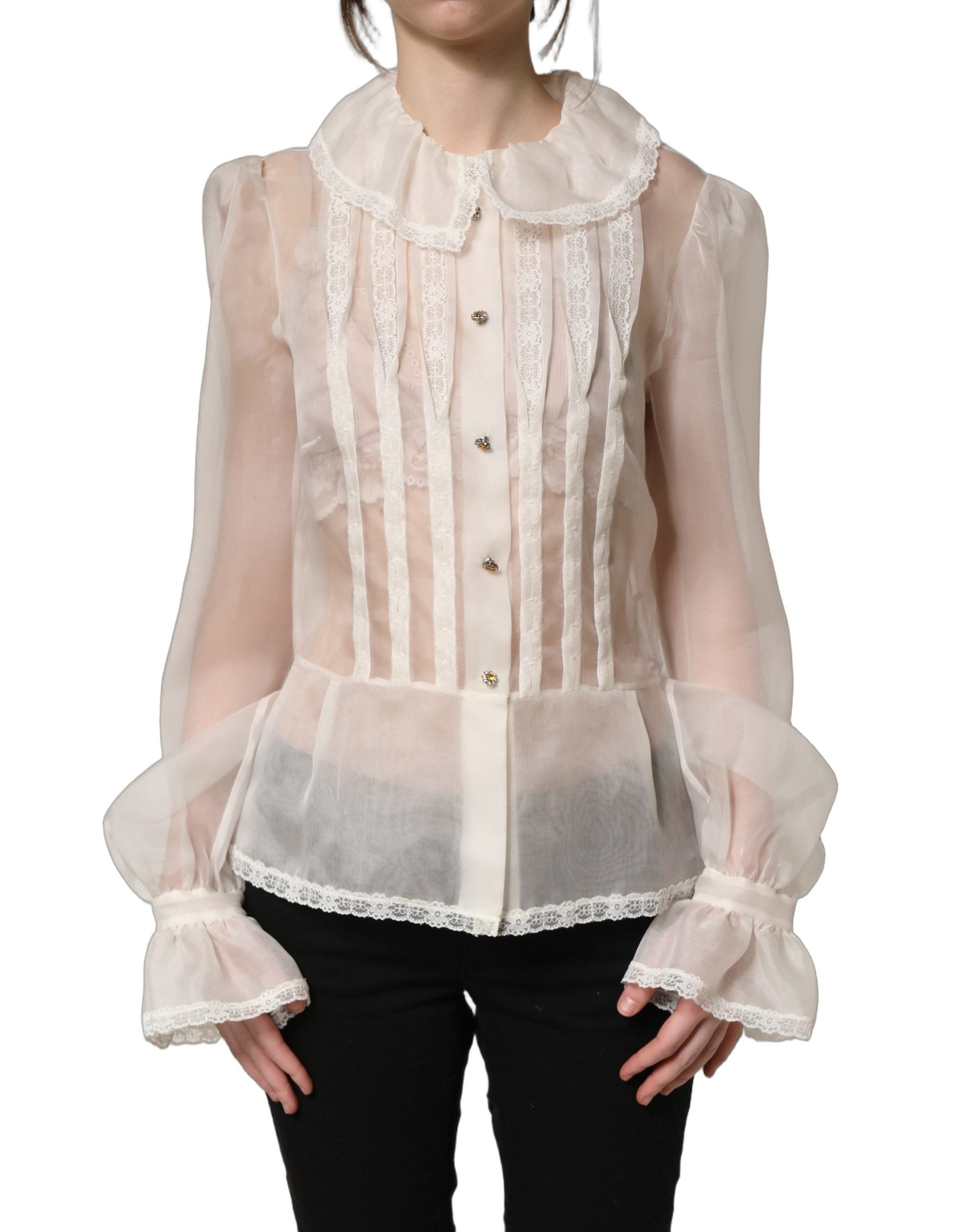 Dolce & Gabbana White Ruffled Sheer Silk Buttoned Blouse Top