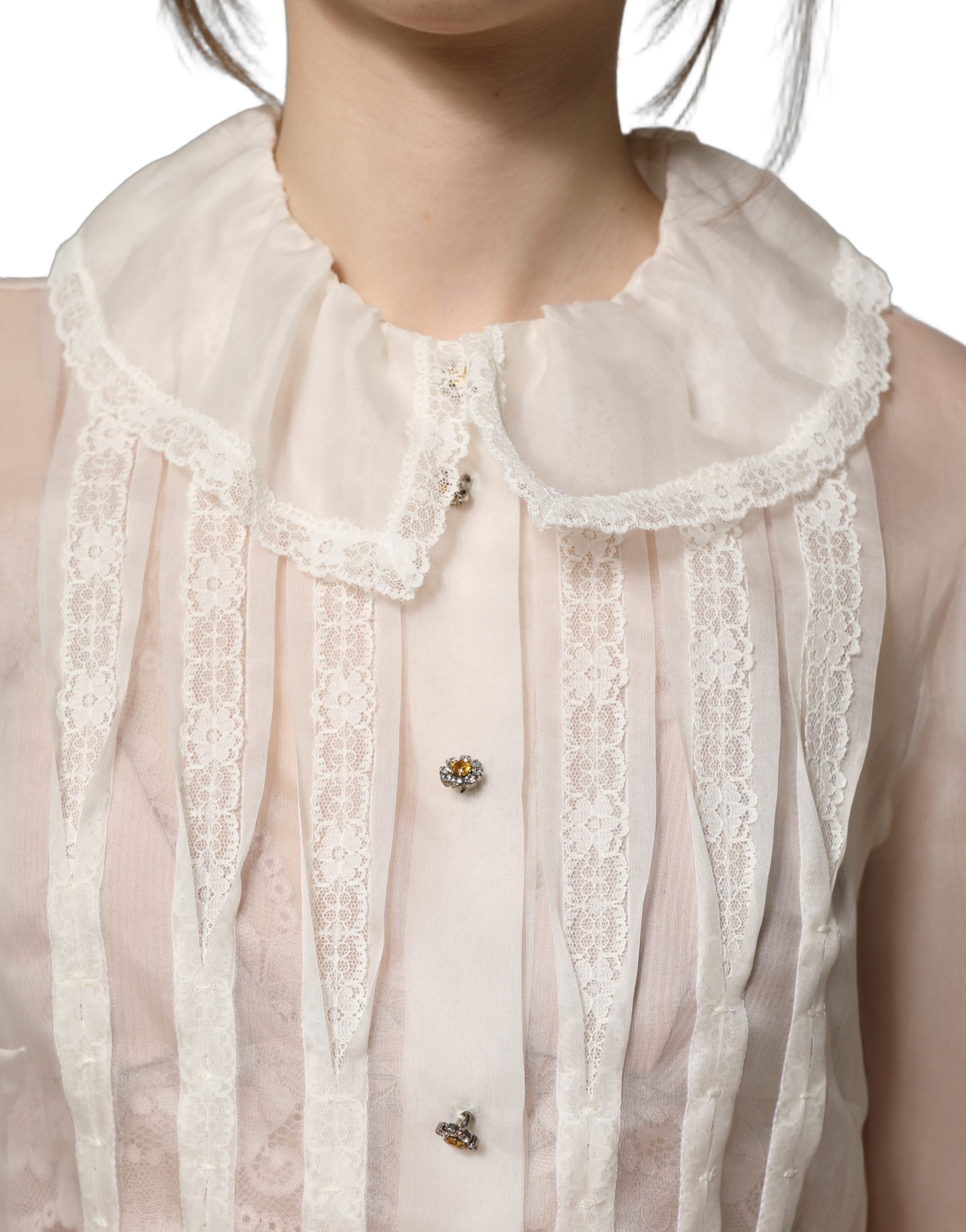 Dolce & Gabbana White Ruffled Sheer Silk Buttoned Blouse Top