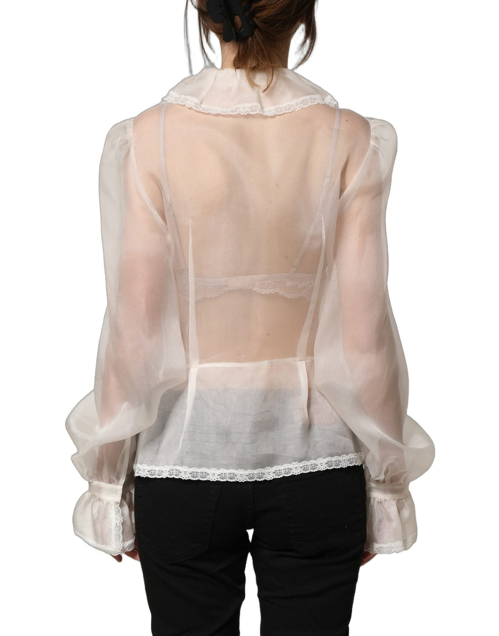 Dolce & Gabbana White Ruffled Sheer Silk Buttoned Blouse Top