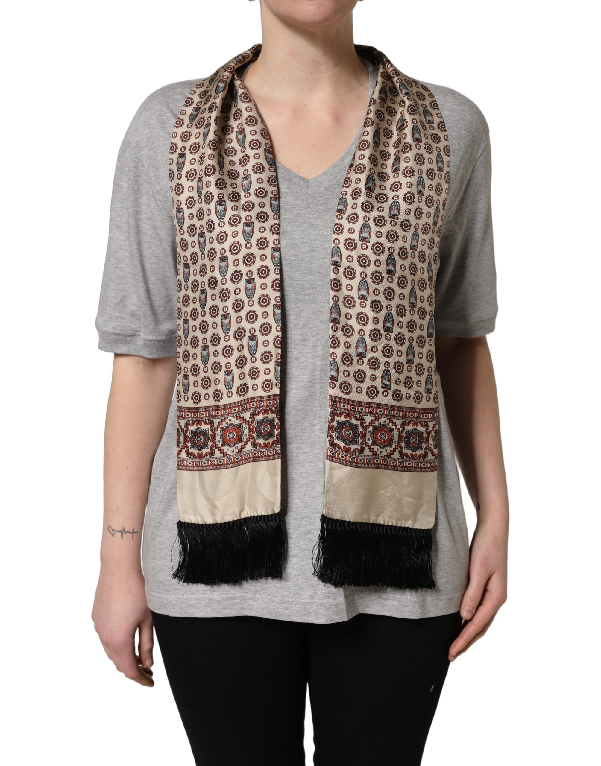 Dolce & Gabbana Gray Cotton V-neck Owl Silk Scarf Top T-shirt