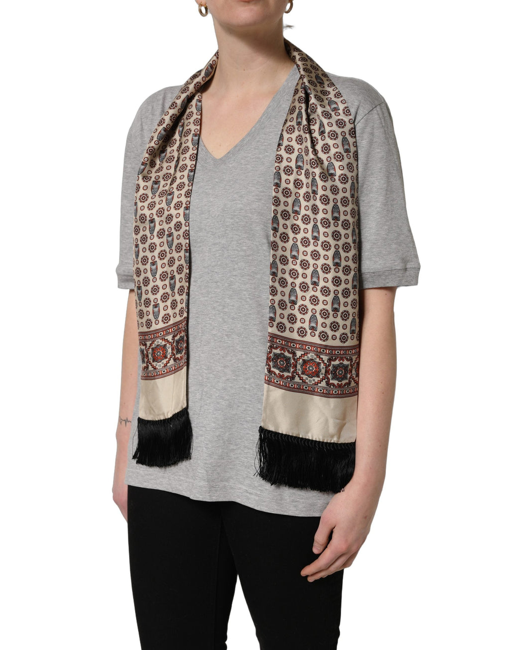 Dolce & Gabbana Gray Cotton V-neck Owl Silk Scarf Top T-shirt