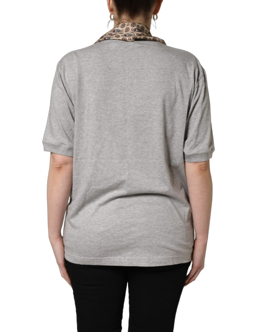 Dolce & Gabbana Gray Cotton V-neck Owl Silk Scarf Top T-shirt