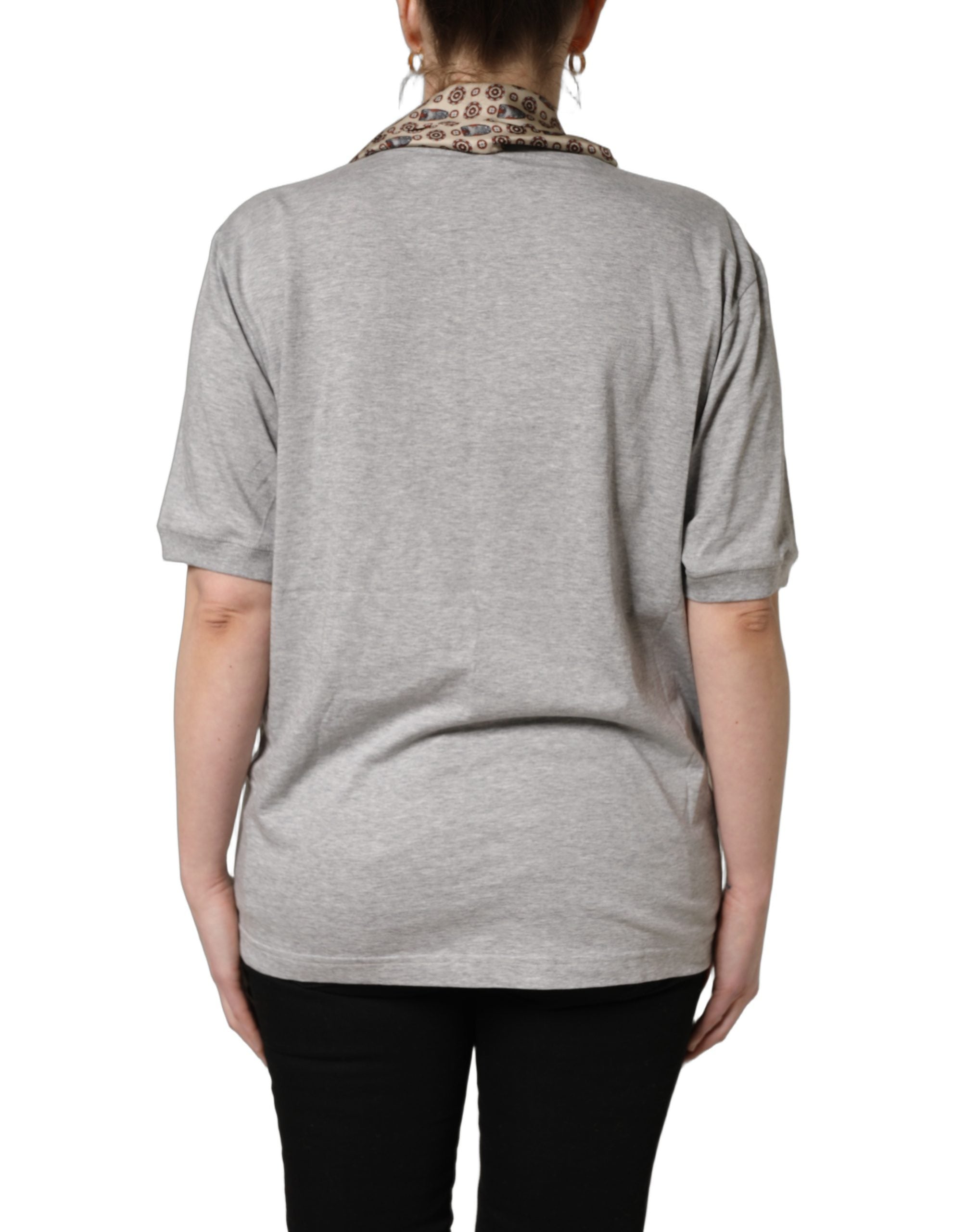 Dolce & Gabbana Gray Cotton V-neck Owl Silk Scarf Top T-shirt