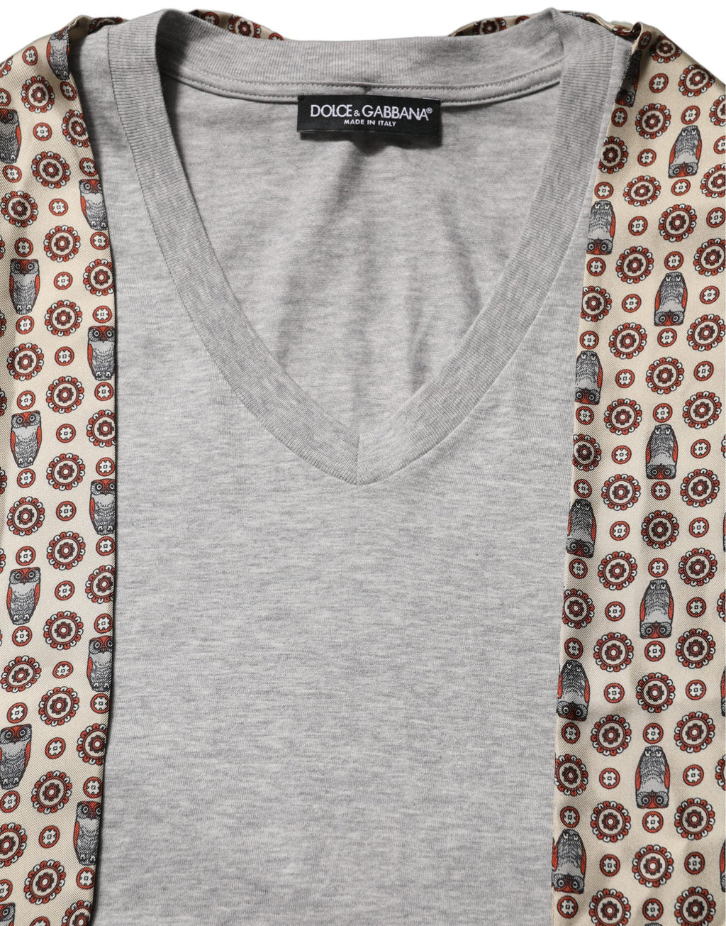 Dolce & Gabbana Gray Cotton V-neck Owl Silk Scarf Top T-shirt