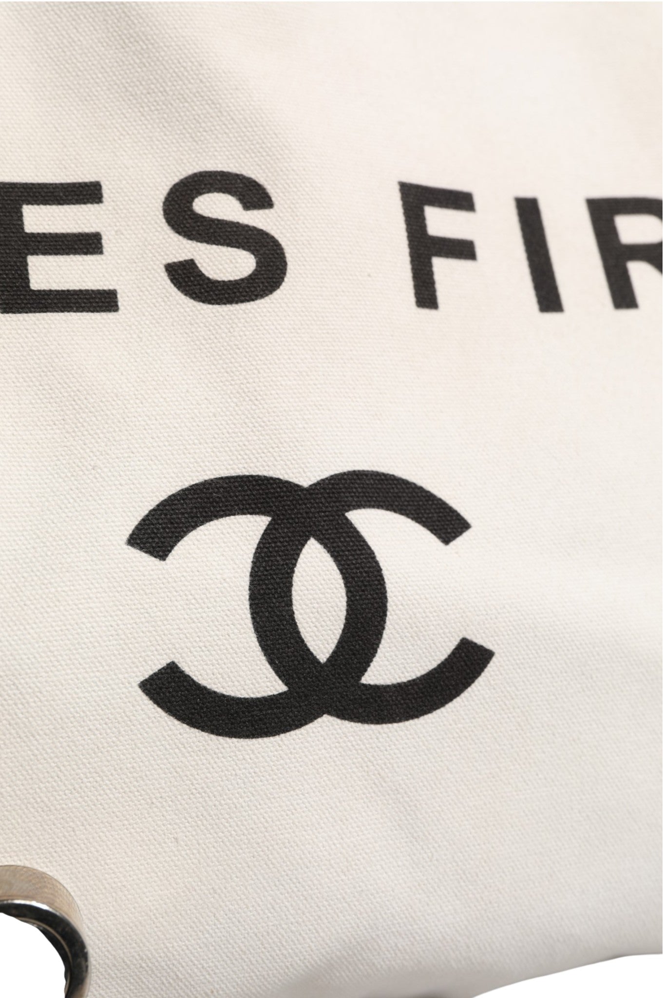 Chanel Ladies First White and Black Canvas Shopper Tote Bag