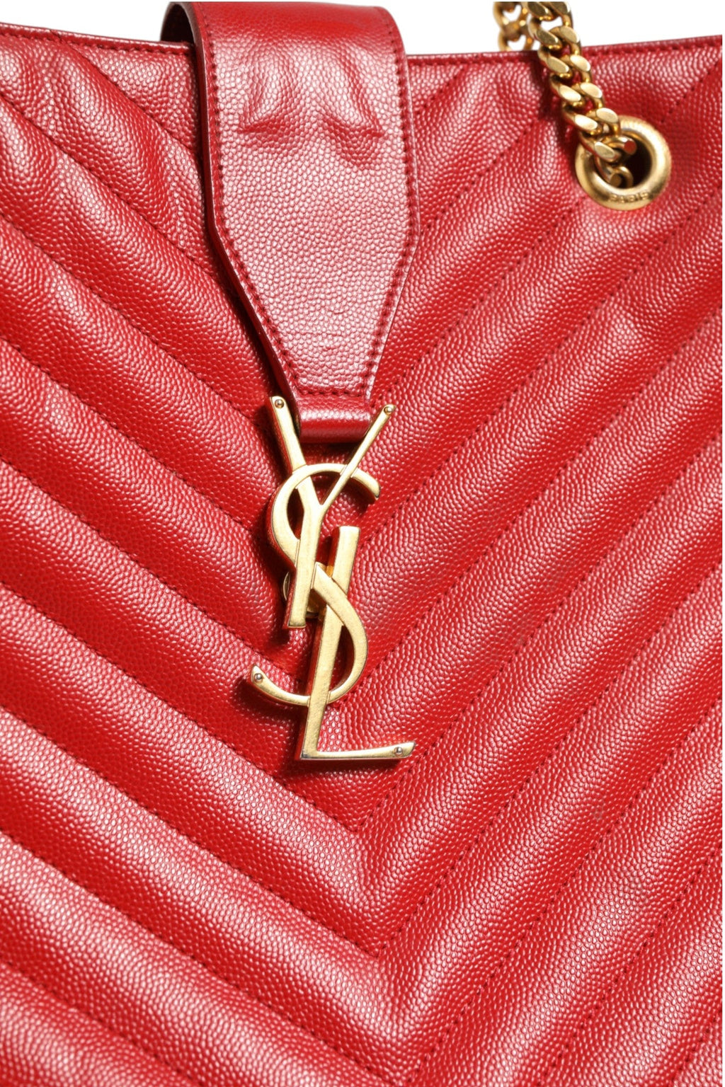 Saint Laurent Red Chevron Quilted Grained Leather Monogram Tote Bag