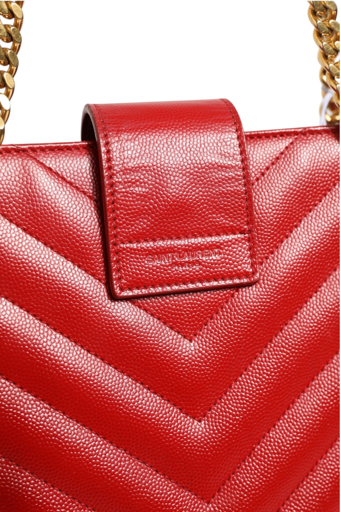 Saint Laurent Red Chevron Quilted Grained Leather Monogram Tote Bag
