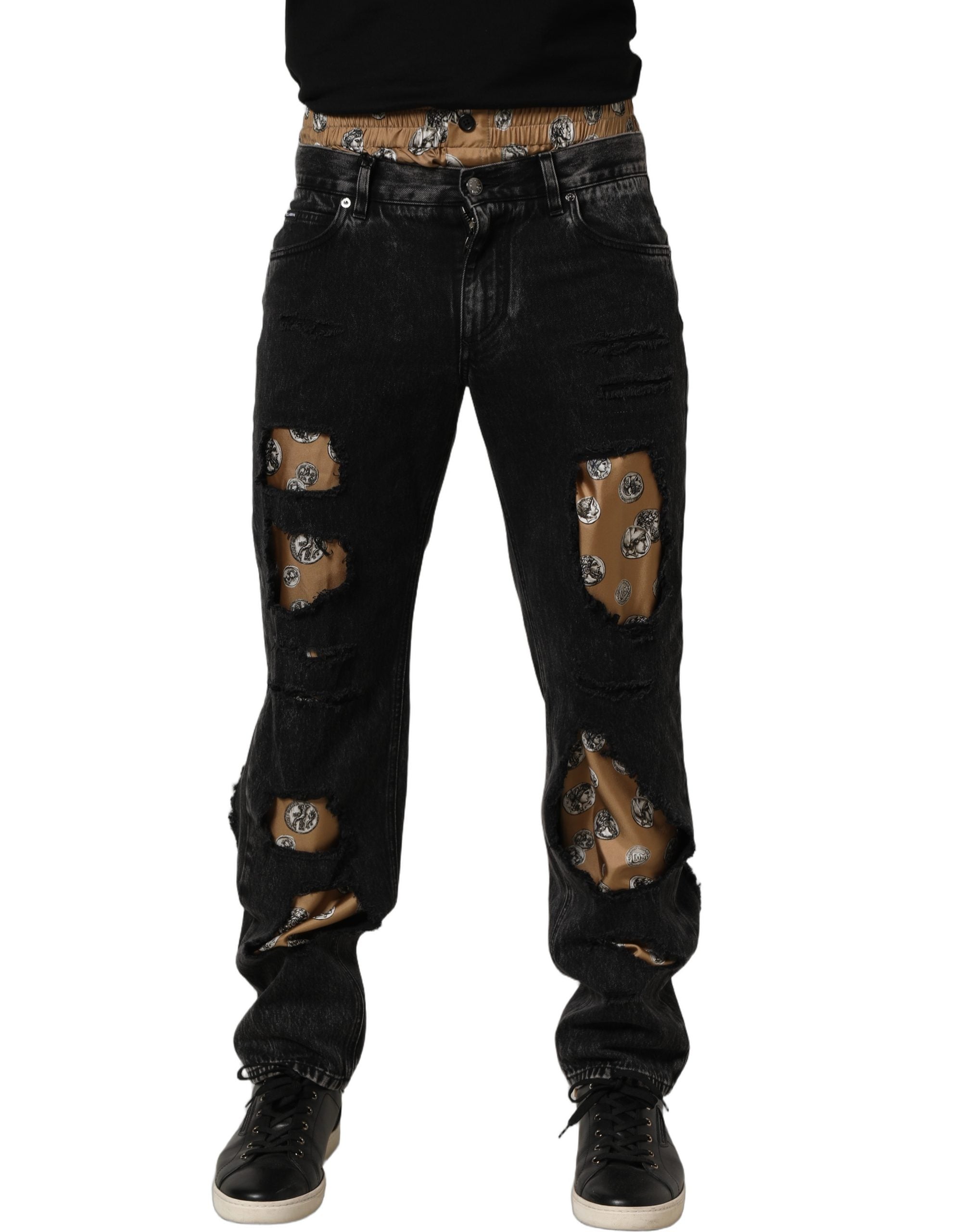 Dolce & Gabbana Black Distressed Cotton Straight Denim Jeans