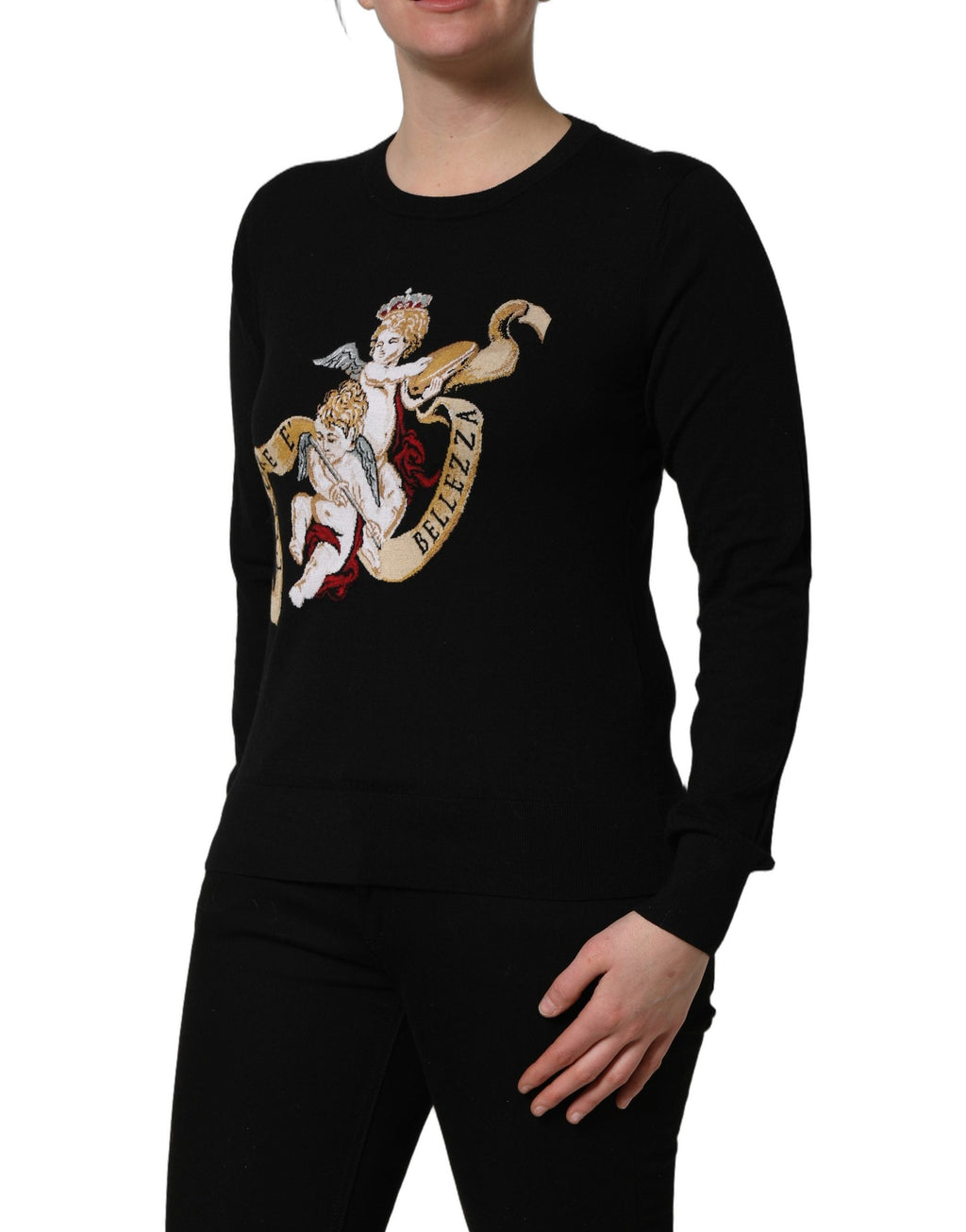 Dolce & Gabbana Black Angels Wool Crew Neck Pullover Sweater