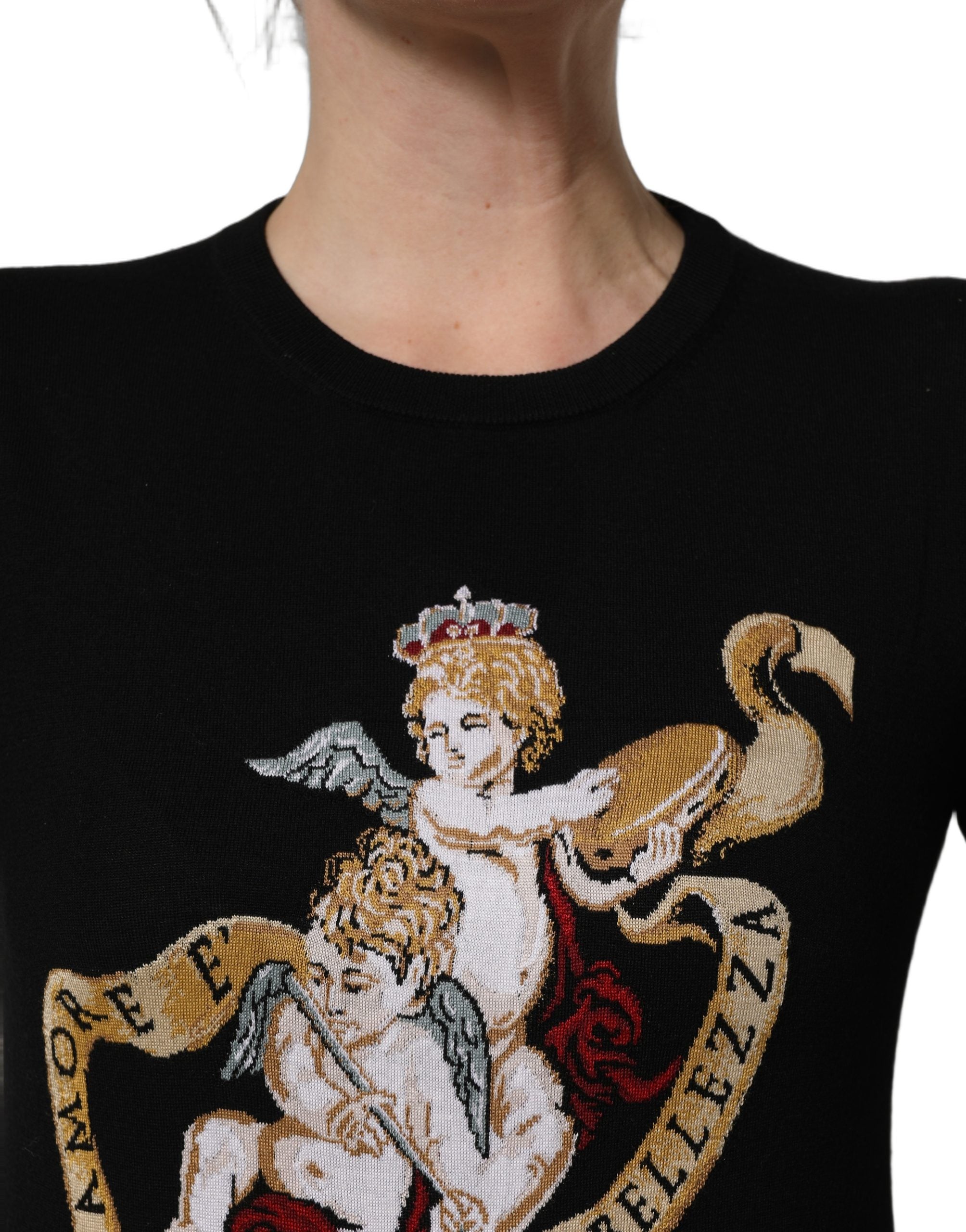 Dolce & Gabbana Black Angels Wool Crew Neck Pullover Sweater