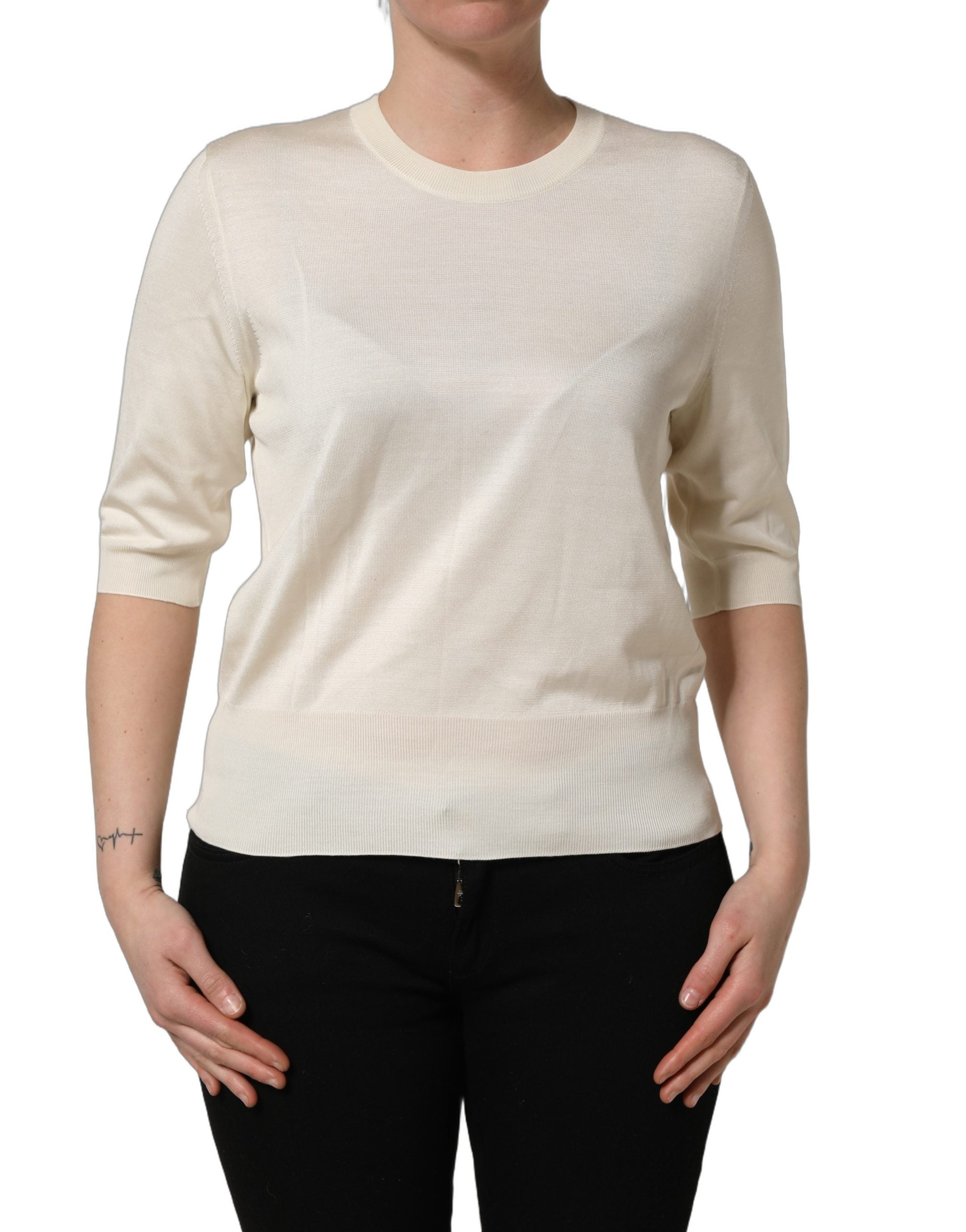 Dolce & Gabbana Off White 3/4 Sleeves Crewneck Pullover Sweater