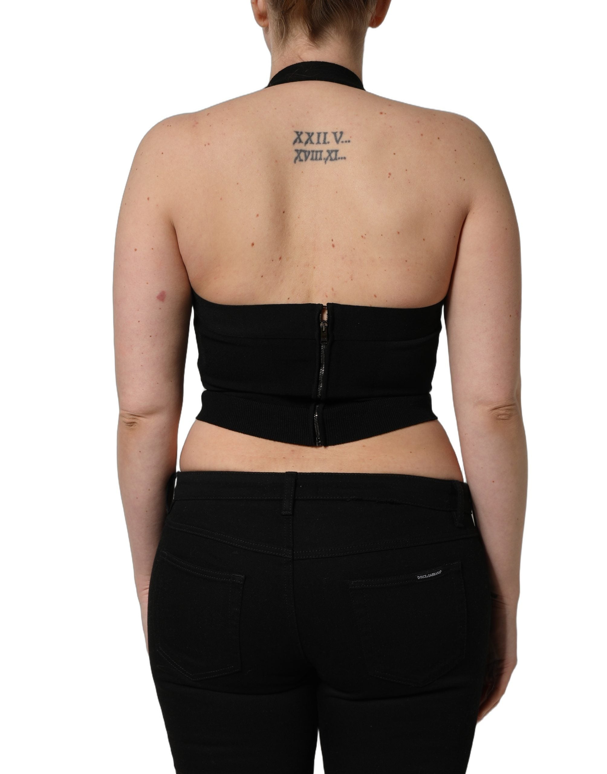 Dolce & Gabbana Black Square Neck Halter Cropped Tank Top
