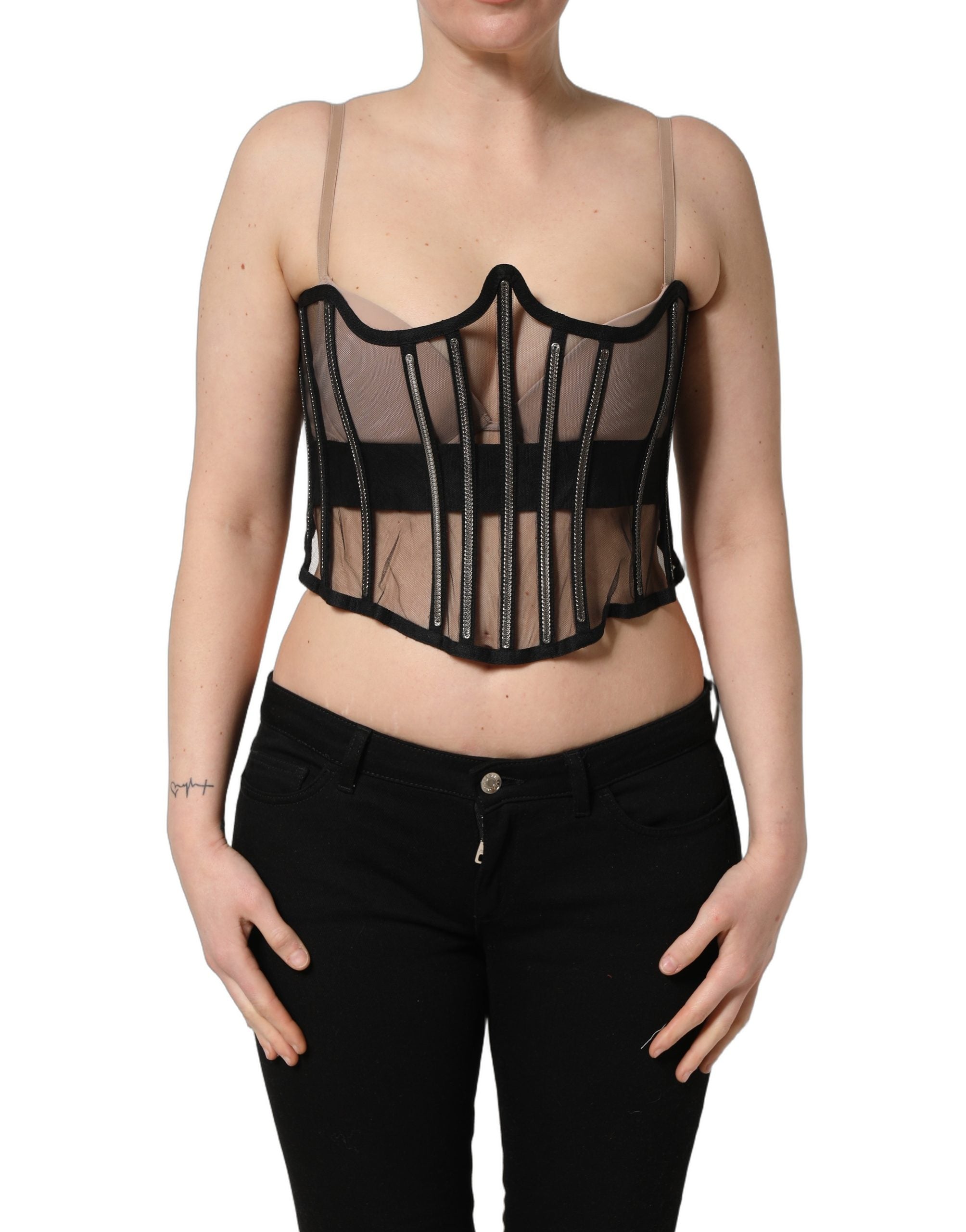 Dolce & Gabbana Black Sheer Tulle Bodysuit Cropped Corset Top