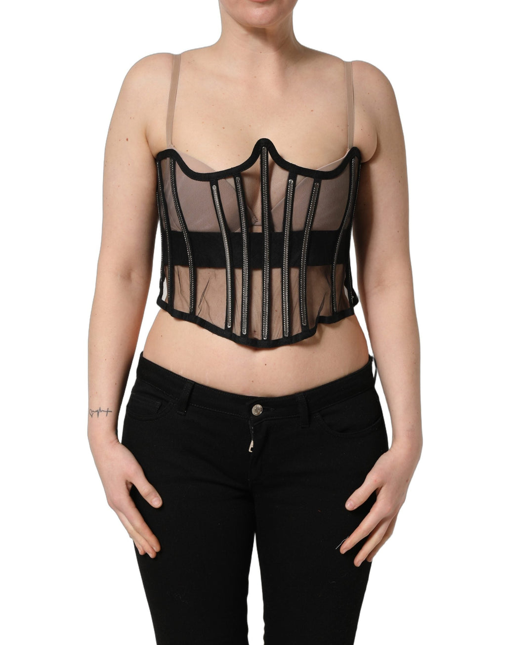 Dolce & Gabbana Black Sheer Tulle Bodysuit Cropped Corset Top