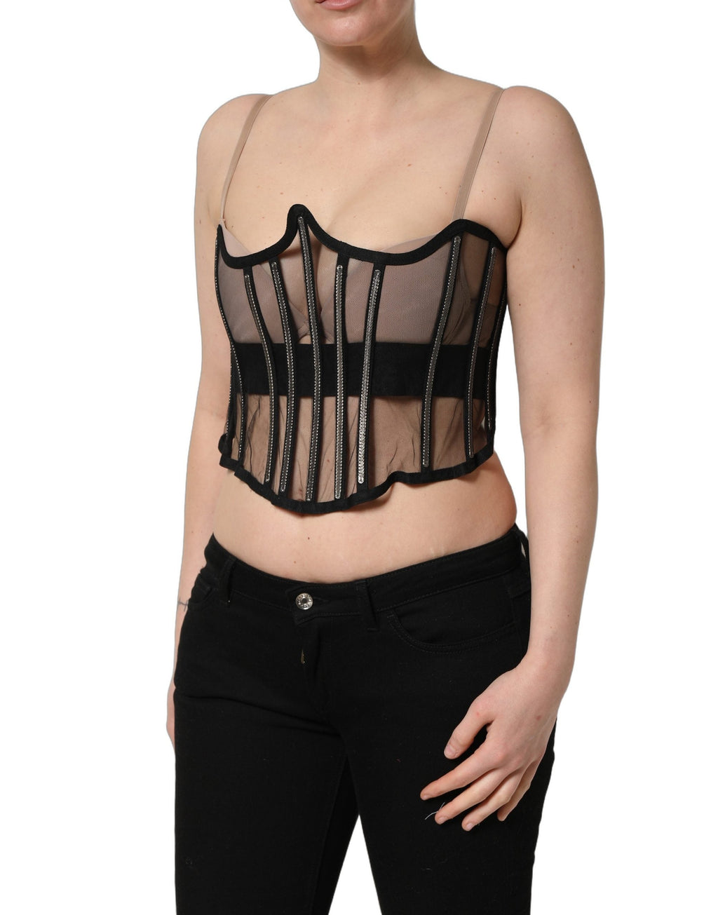 Dolce & Gabbana Black Sheer Tulle Bodysuit Cropped Corset Top