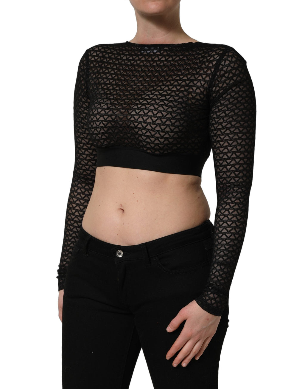Dolce & Gabbana Black Nylon Fishnet Long Sleeve Cropped Top