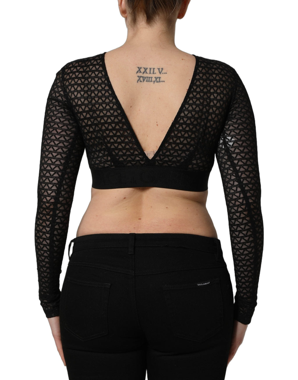 Dolce & Gabbana Black Nylon Fishnet Long Sleeve Cropped Top
