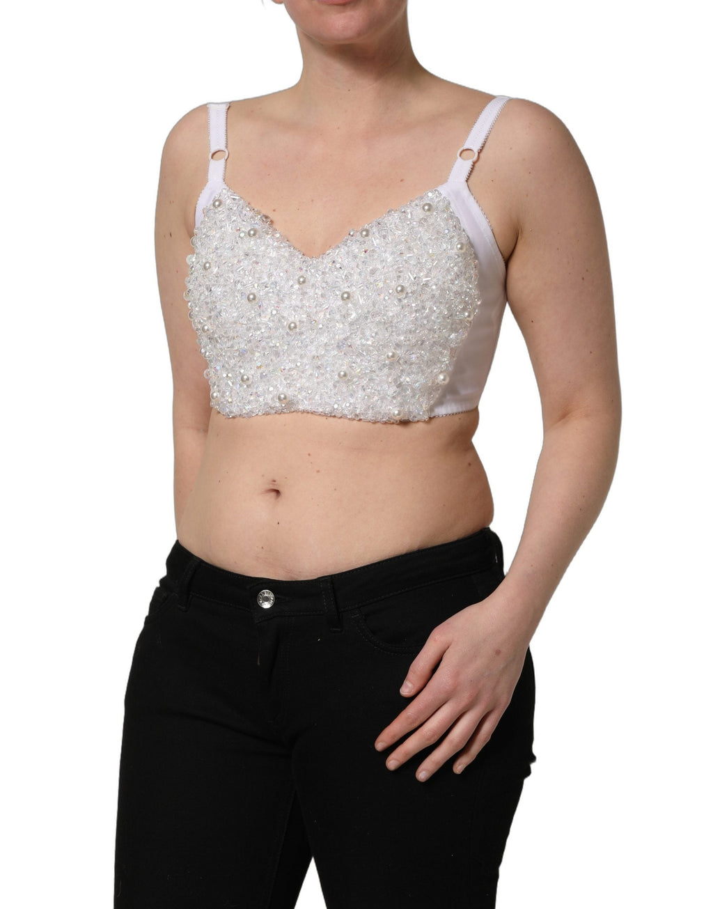 Dolce & Gabbana White Pearls Beaded Corset Bustier Crop Top