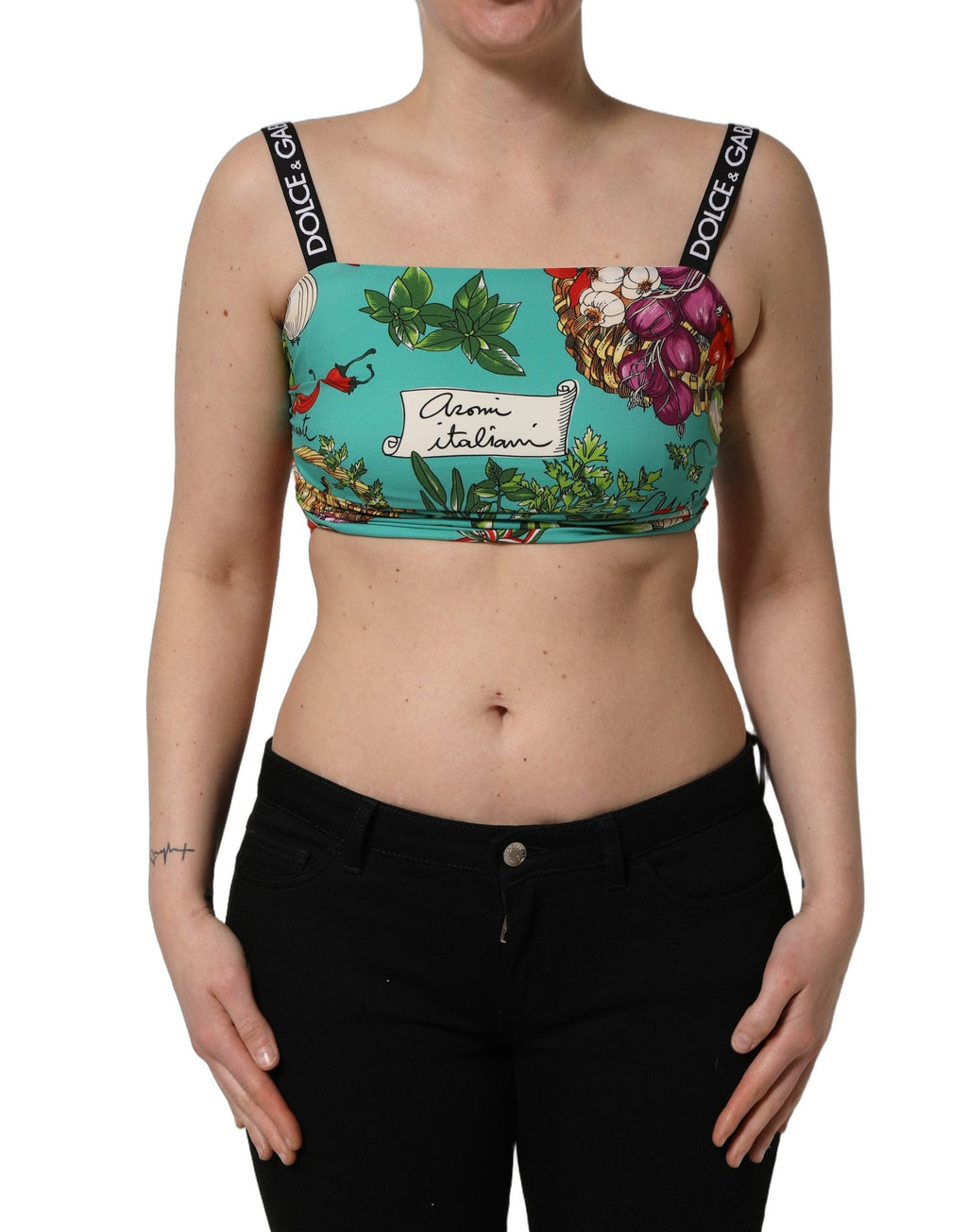 Dolce & Gabbana Turquoise Vegetable Print Silk Crop Tank Top