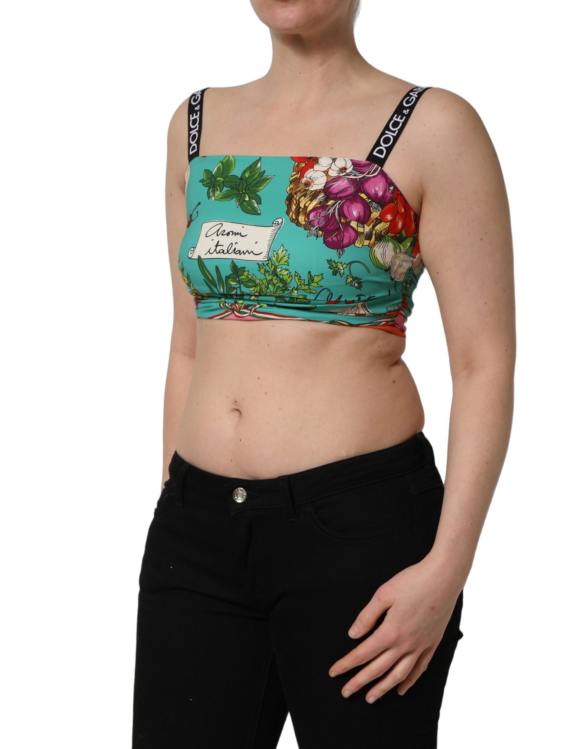 Dolce & Gabbana Turquoise Vegetable Print Silk Crop Tank Top