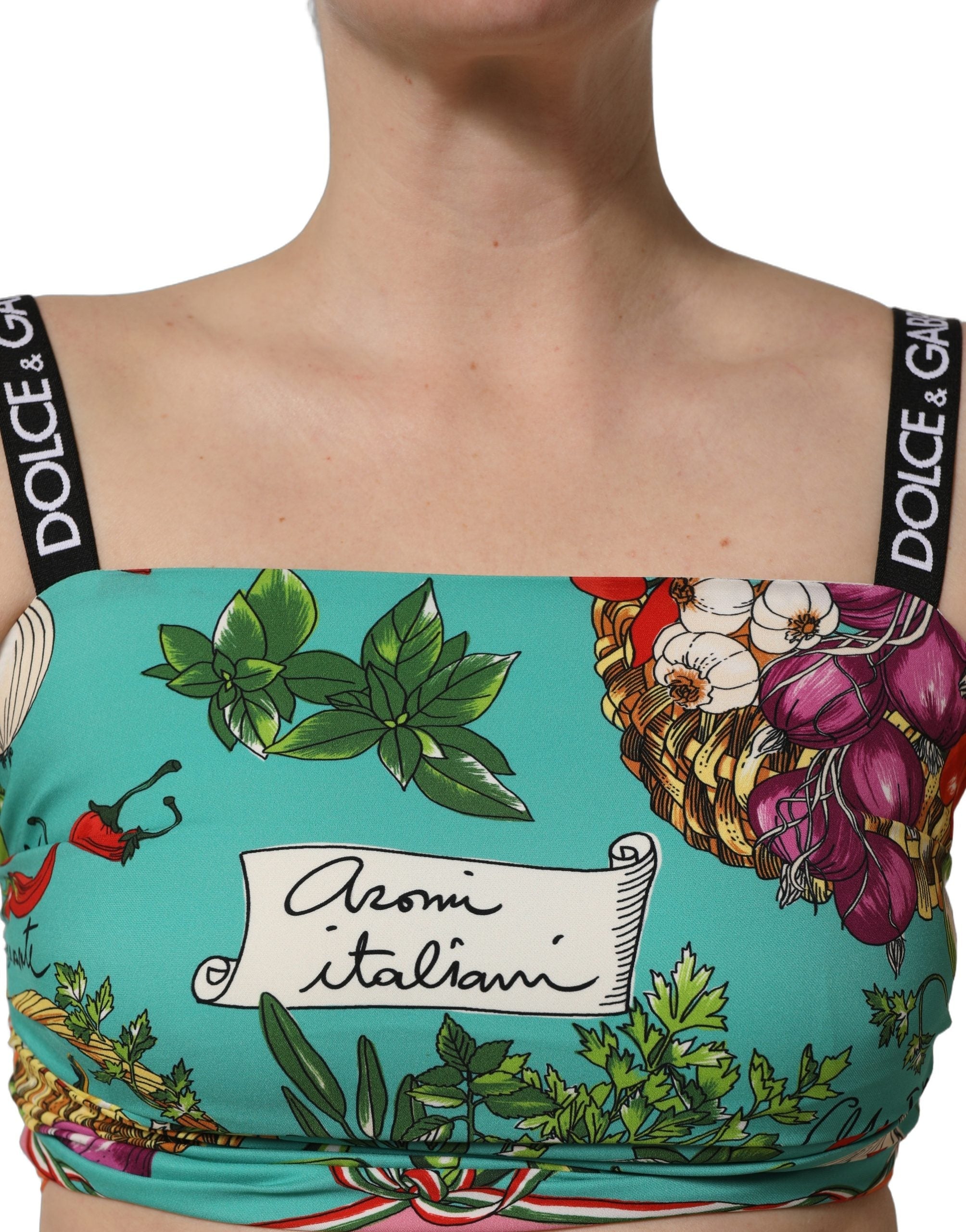 Dolce & Gabbana Turquoise Vegetable Print Silk Crop Tank Top