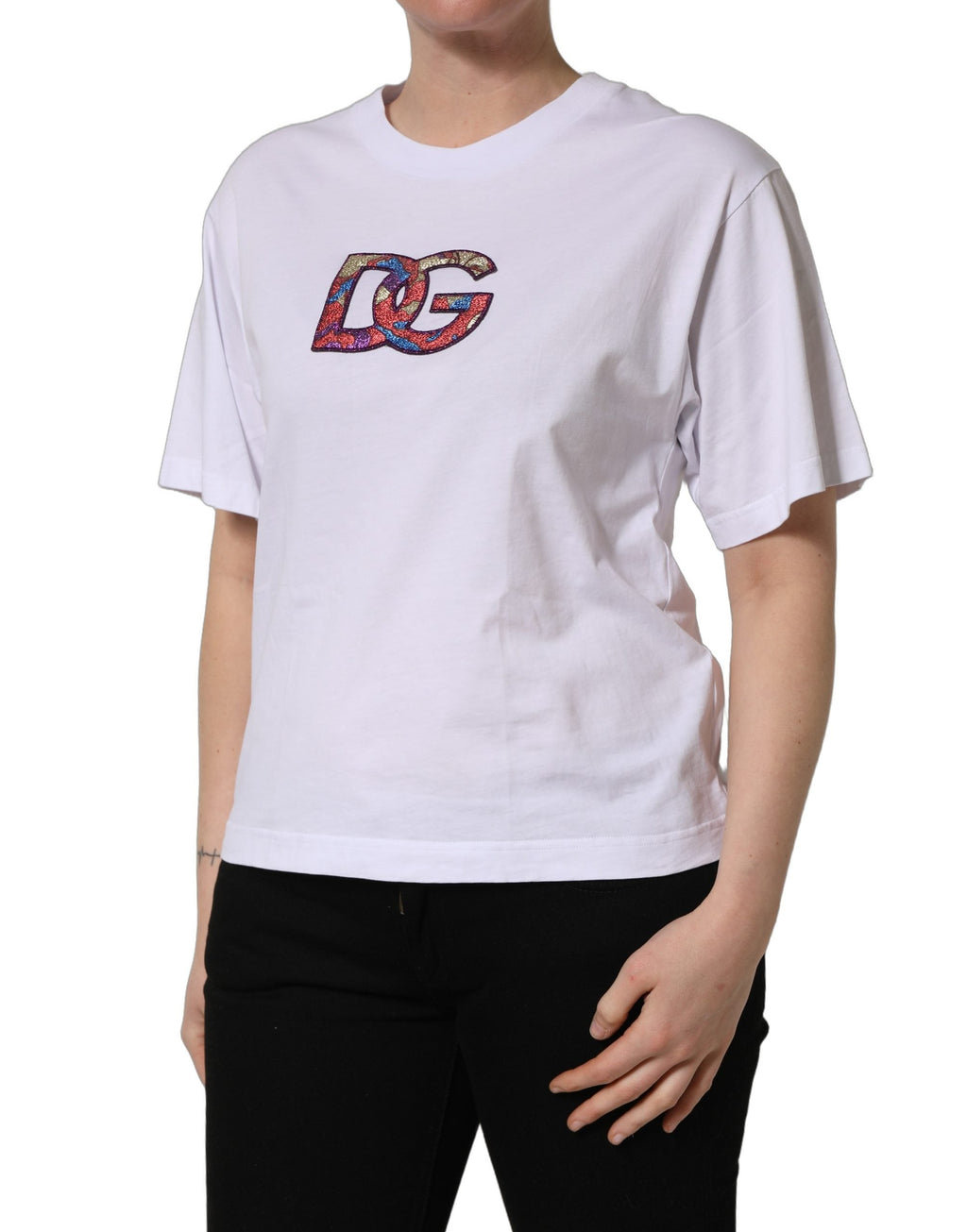 Dolce & Gabbana White Cotton DG Logo Patch Crew Neck T-shirt
