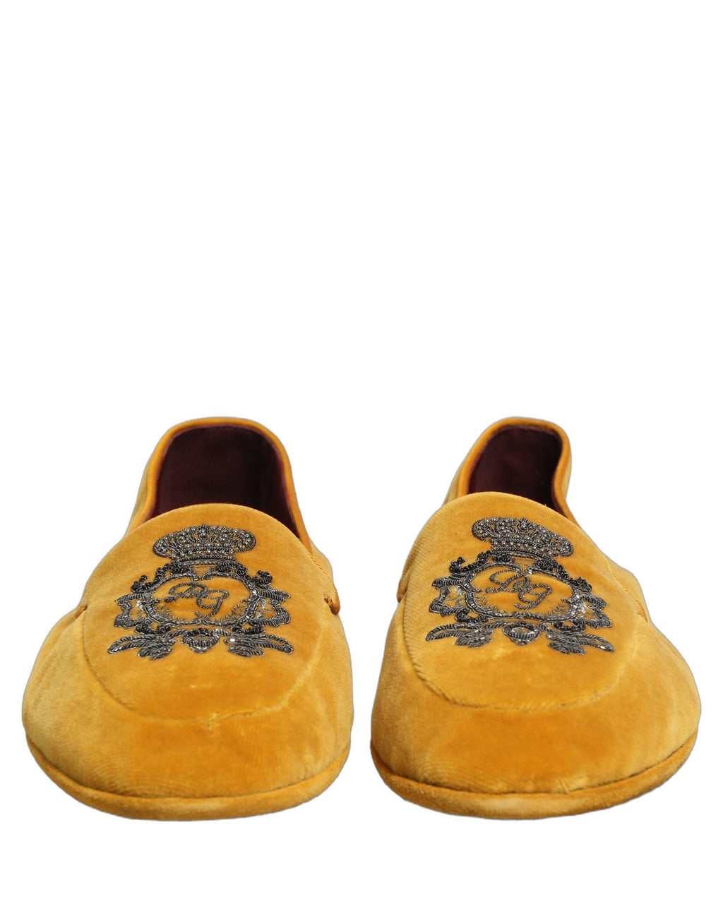 Dolce & Gabbana Yellow Velvet Crown Embroidery Loafers Shoes