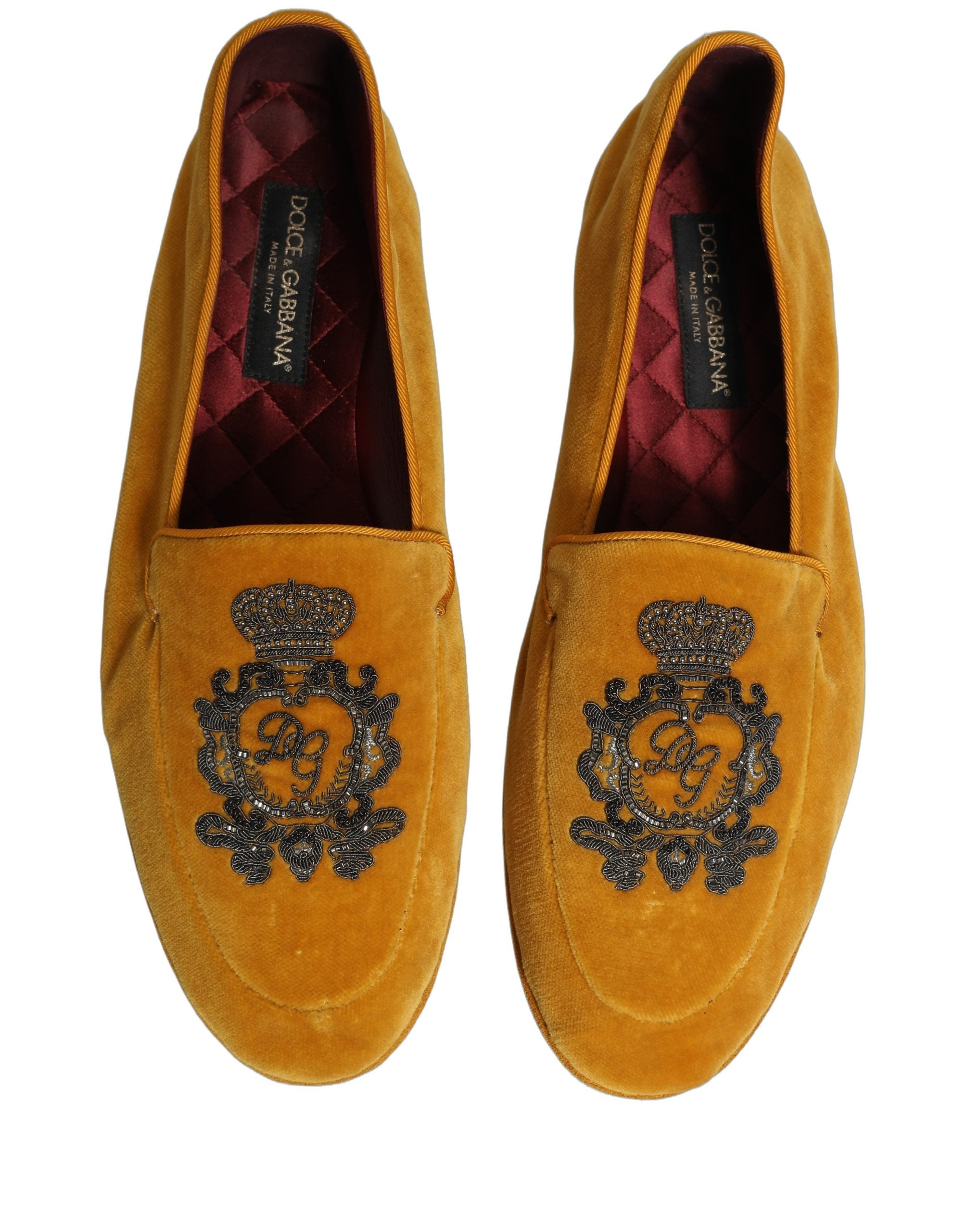 Dolce & Gabbana Yellow Velvet Crown Embroidery Loafers Shoes