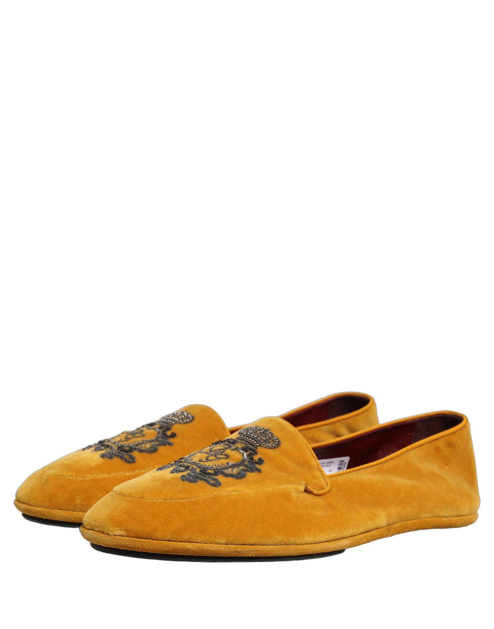 Dolce & Gabbana Yellow Velvet Crown Embroidery Loafers Shoes