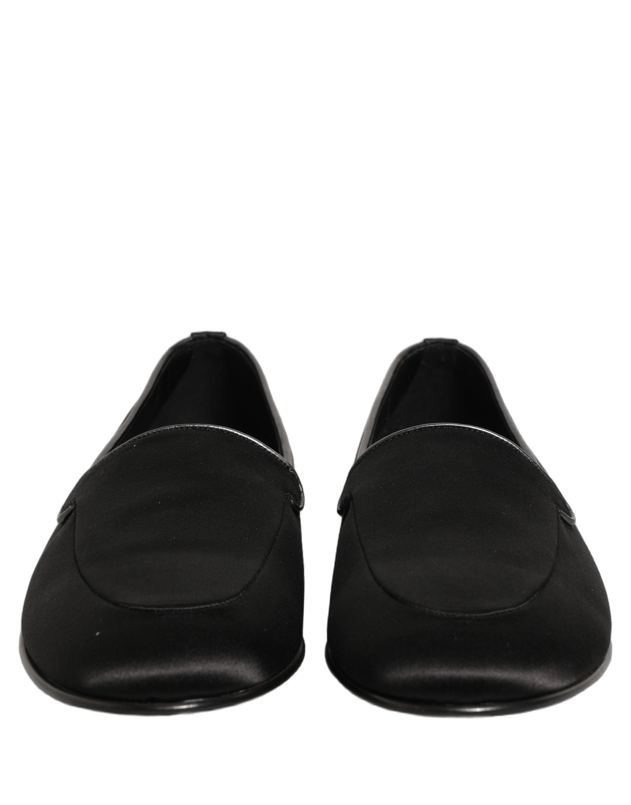 Dolce & Gabbana Black Satin Logo Slip On Flats Loafers Shoes
