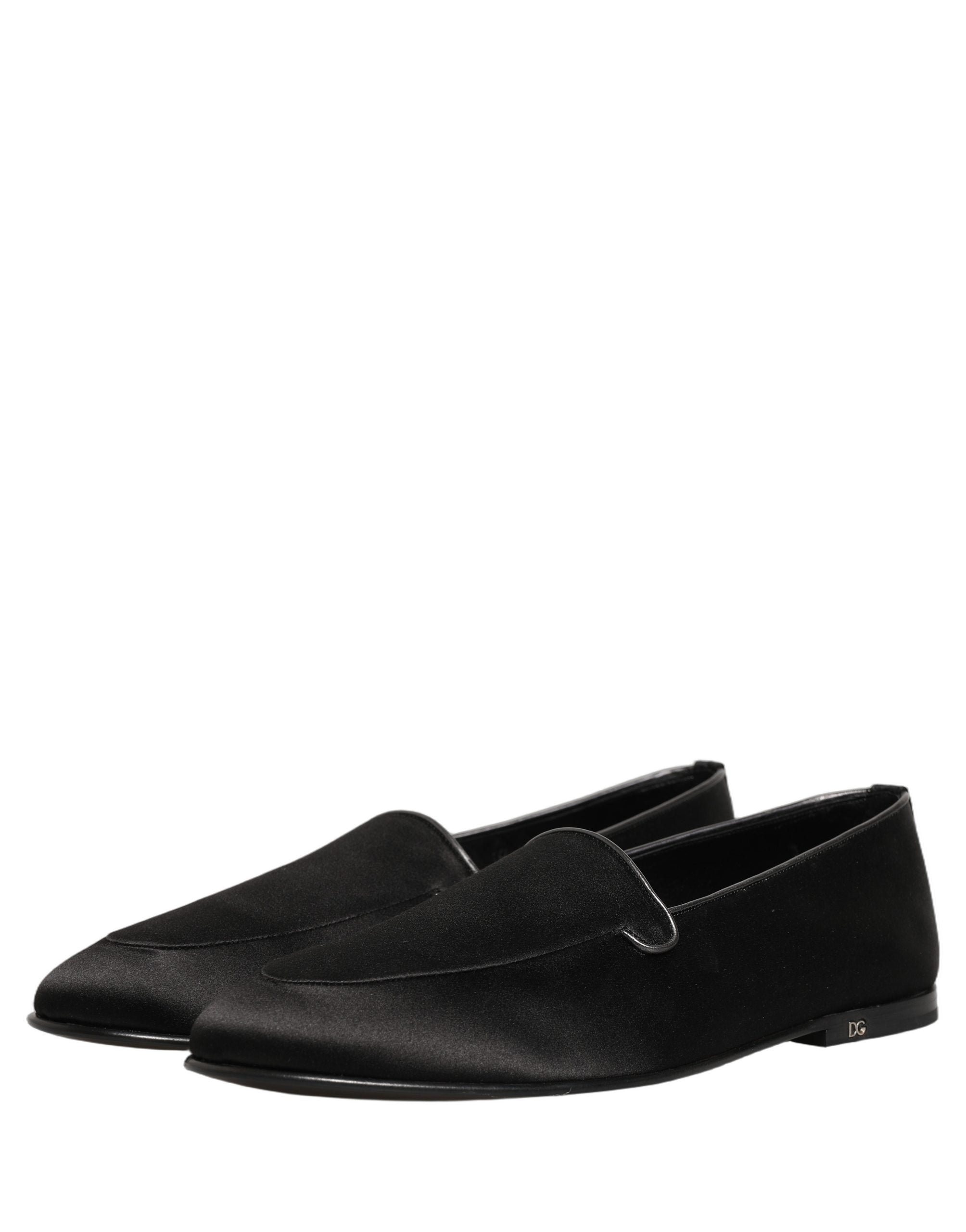 Dolce & Gabbana Black Satin Logo Slip On Flats Loafers Shoes